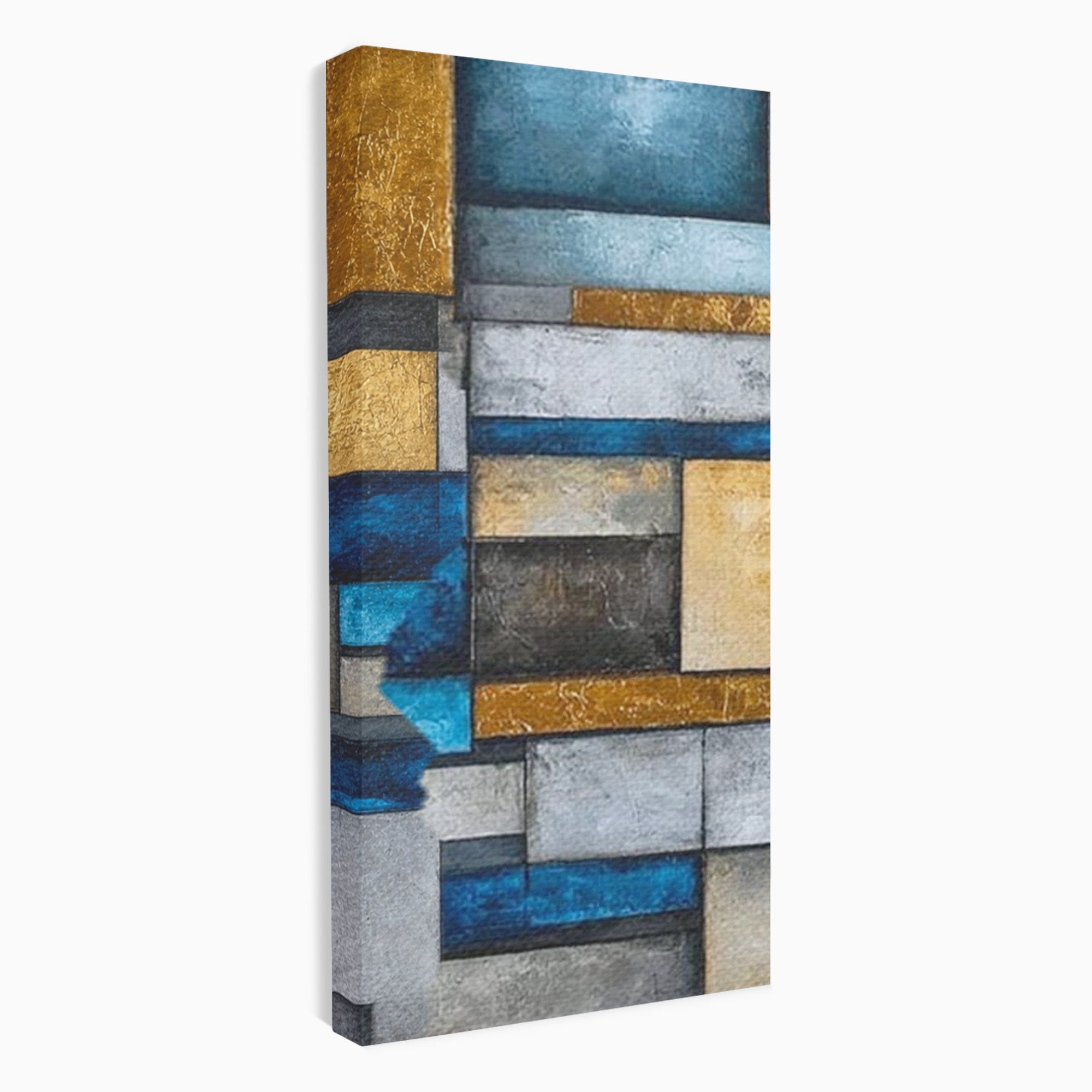 Set 3 Tablouri Canvas Premium LuxCanva® C3-1285, Aur printre ziduri, Geometrie, Culori, Abstract, Auriu, Albastru, Linii, Straturi, Constructie, Profunzime, Minimalist, Modernism, Birou, Living, Dormitor