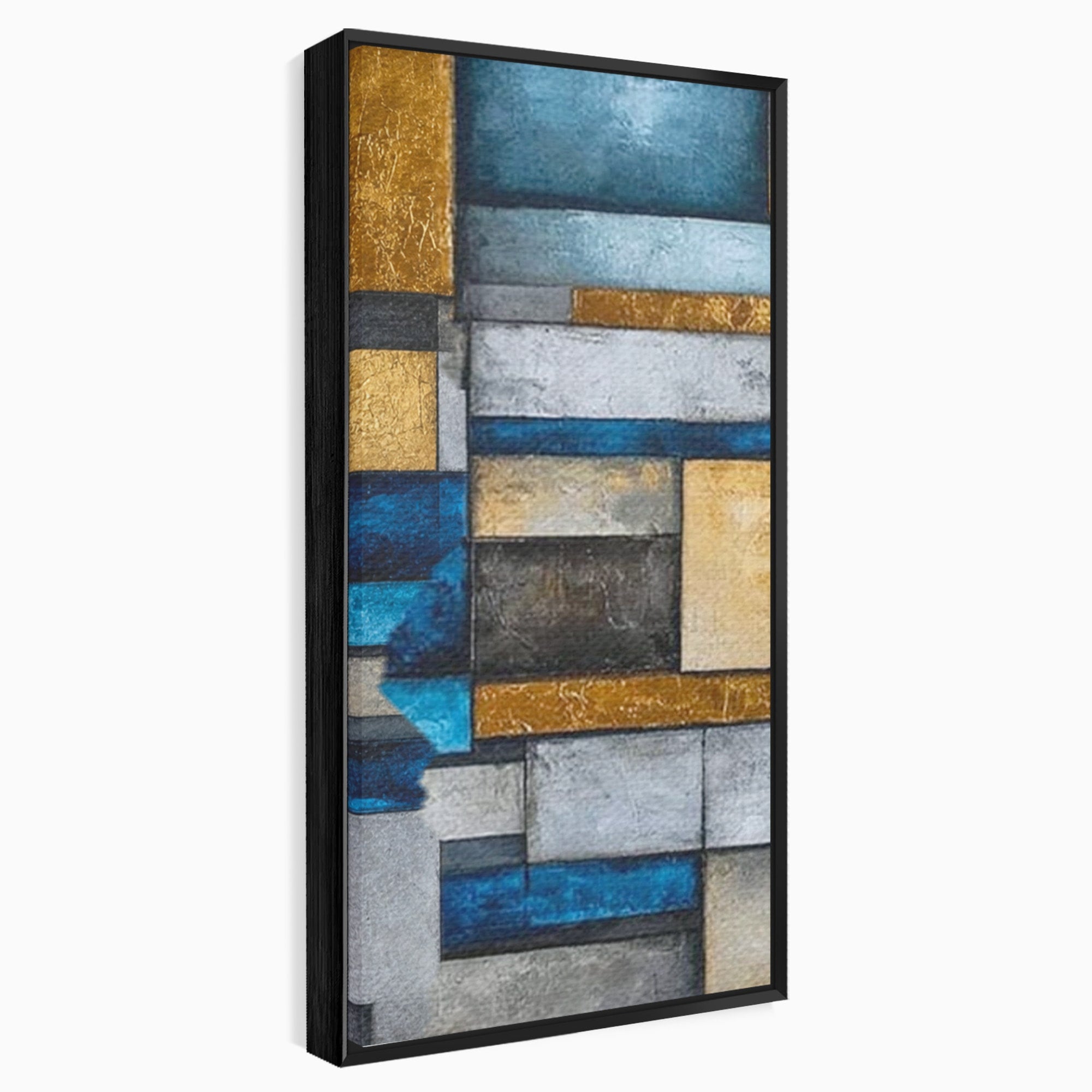 Set 3 Tablouri Canvas Premium LuxCanva® C3-1285, Aur printre ziduri, Geometrie, Culori, Abstract, Auriu, Albastru, Linii, Straturi, Constructie, Profunzime, Minimalist, Modernism, Birou, Living, Dormitor