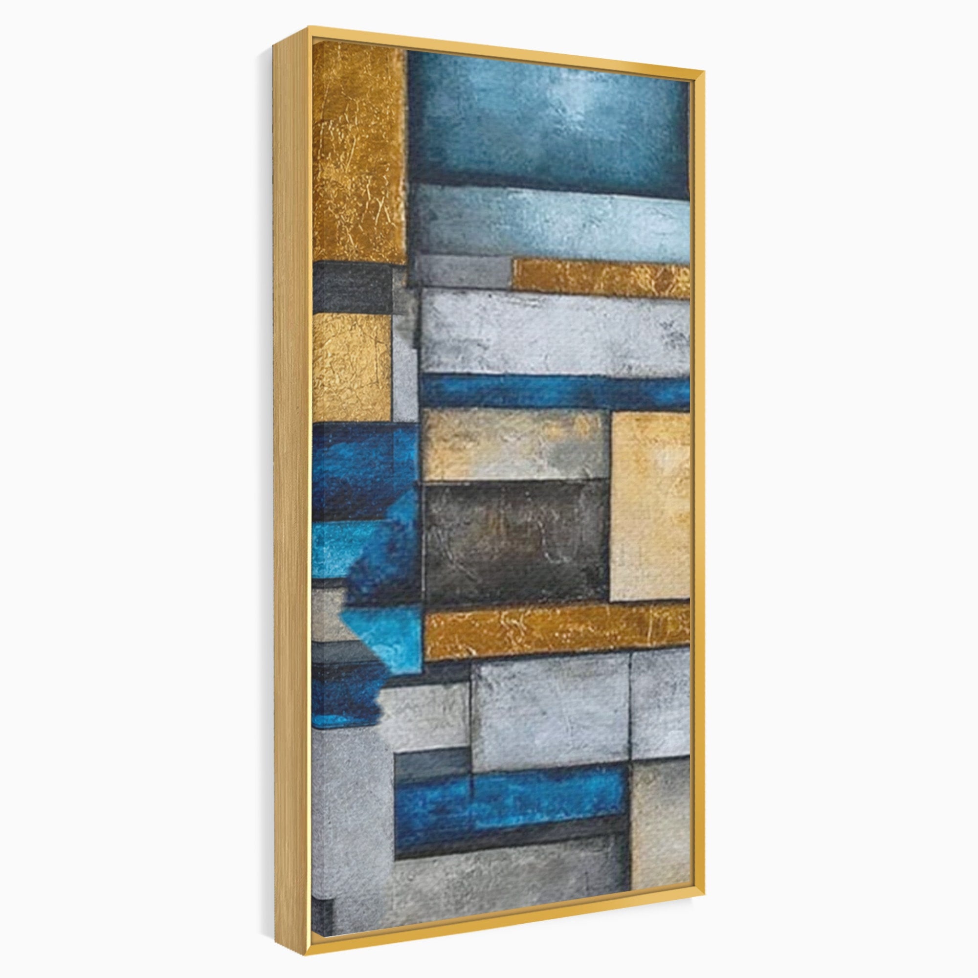 Set 3 Tablouri Canvas Premium LuxCanva® C3-1285, Aur printre ziduri, Geometrie, Culori, Abstract, Auriu, Albastru, Linii, Straturi, Constructie, Profunzime, Minimalist, Modernism, Birou, Living, Dormitor