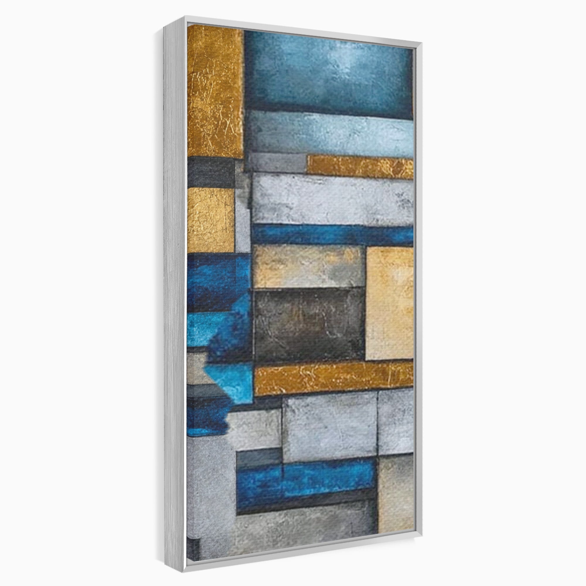 Set 3 Tablouri Canvas Premium LuxCanva® C3-1285, Aur printre ziduri, Geometrie, Culori, Abstract, Auriu, Albastru, Linii, Straturi, Constructie, Profunzime, Minimalist, Modernism, Birou, Living, Dormitor