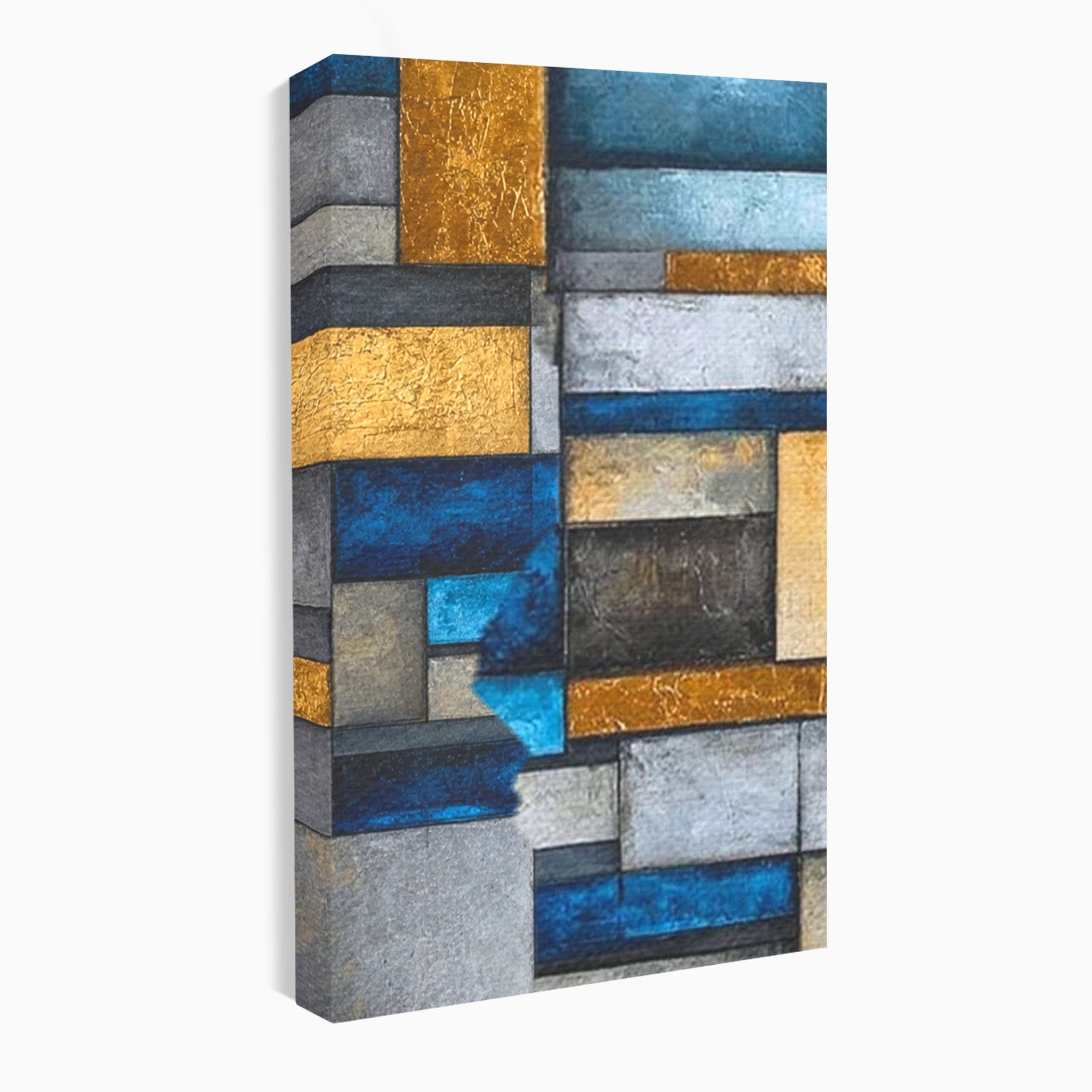 Set 3 Tablouri Canvas Premium LuxCanva® C3-1285, Aur printre ziduri, Geometrie, Culori, Abstract, Auriu, Albastru, Linii, Straturi, Constructie, Profunzime, Minimalist, Modernism, Birou, Living, Dormitor