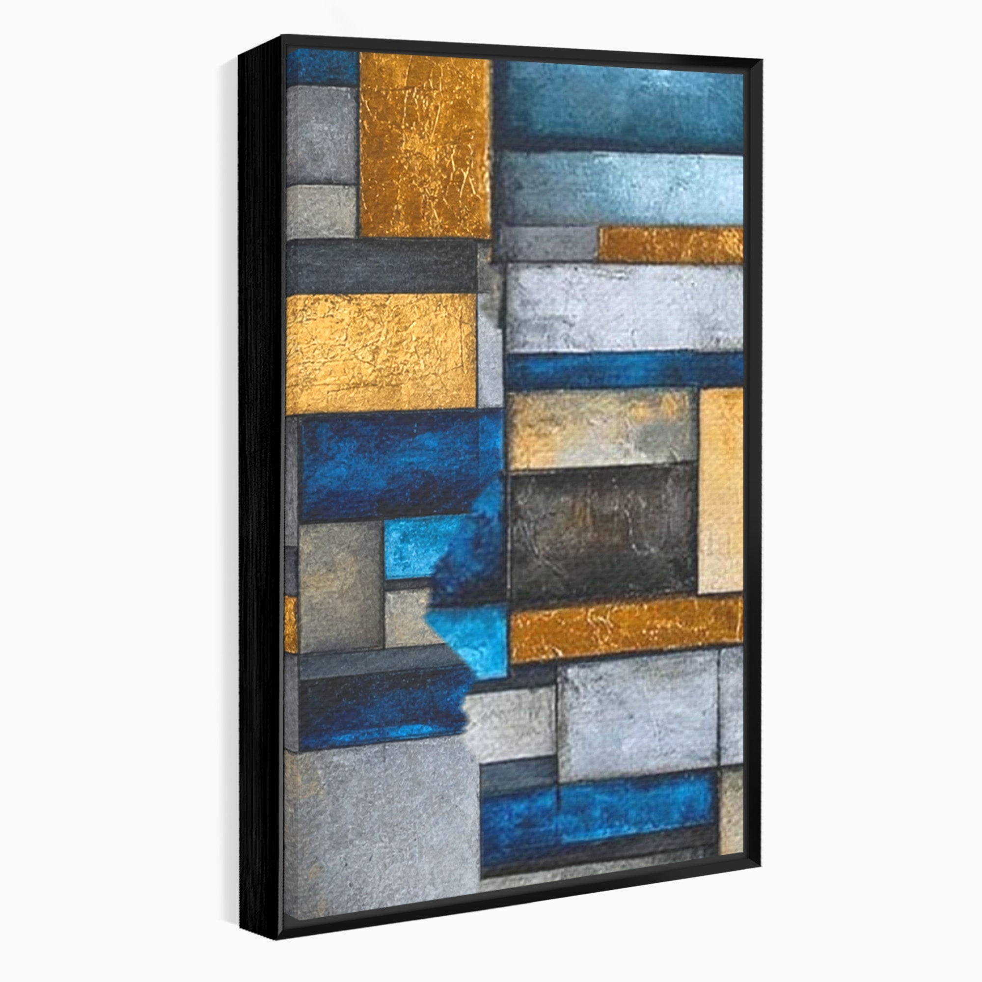 Set 3 Tablouri Canvas Premium LuxCanva® C3-1285, Aur printre ziduri, Geometrie, Culori, Abstract, Auriu, Albastru, Linii, Straturi, Constructie, Profunzime, Minimalist, Modernism, Birou, Living, Dormitor