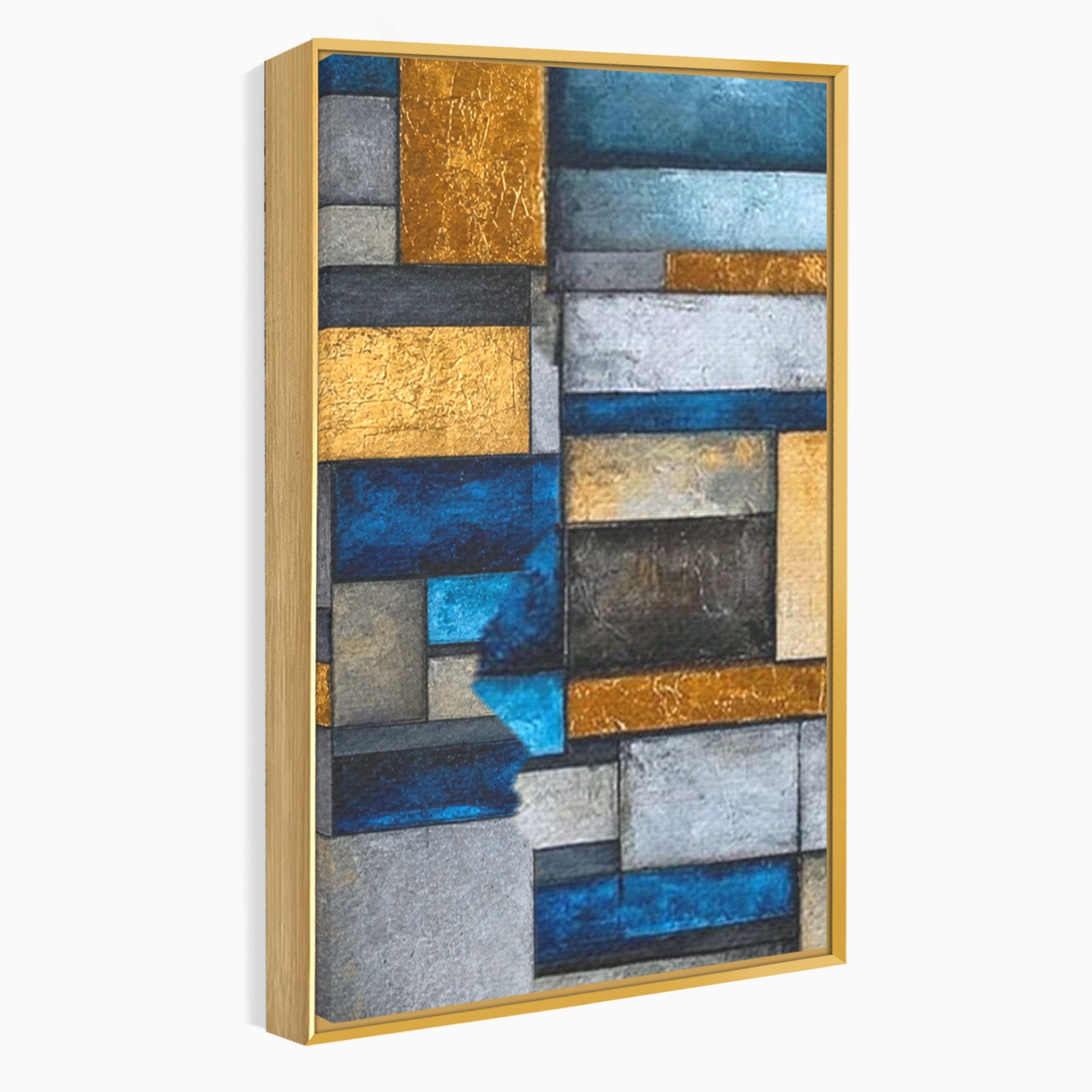 Set 3 Tablouri Canvas Premium LuxCanva® C3-1285, Aur printre ziduri, Geometrie, Culori, Abstract, Auriu, Albastru, Linii, Straturi, Constructie, Profunzime, Minimalist, Modernism, Birou, Living, Dormitor