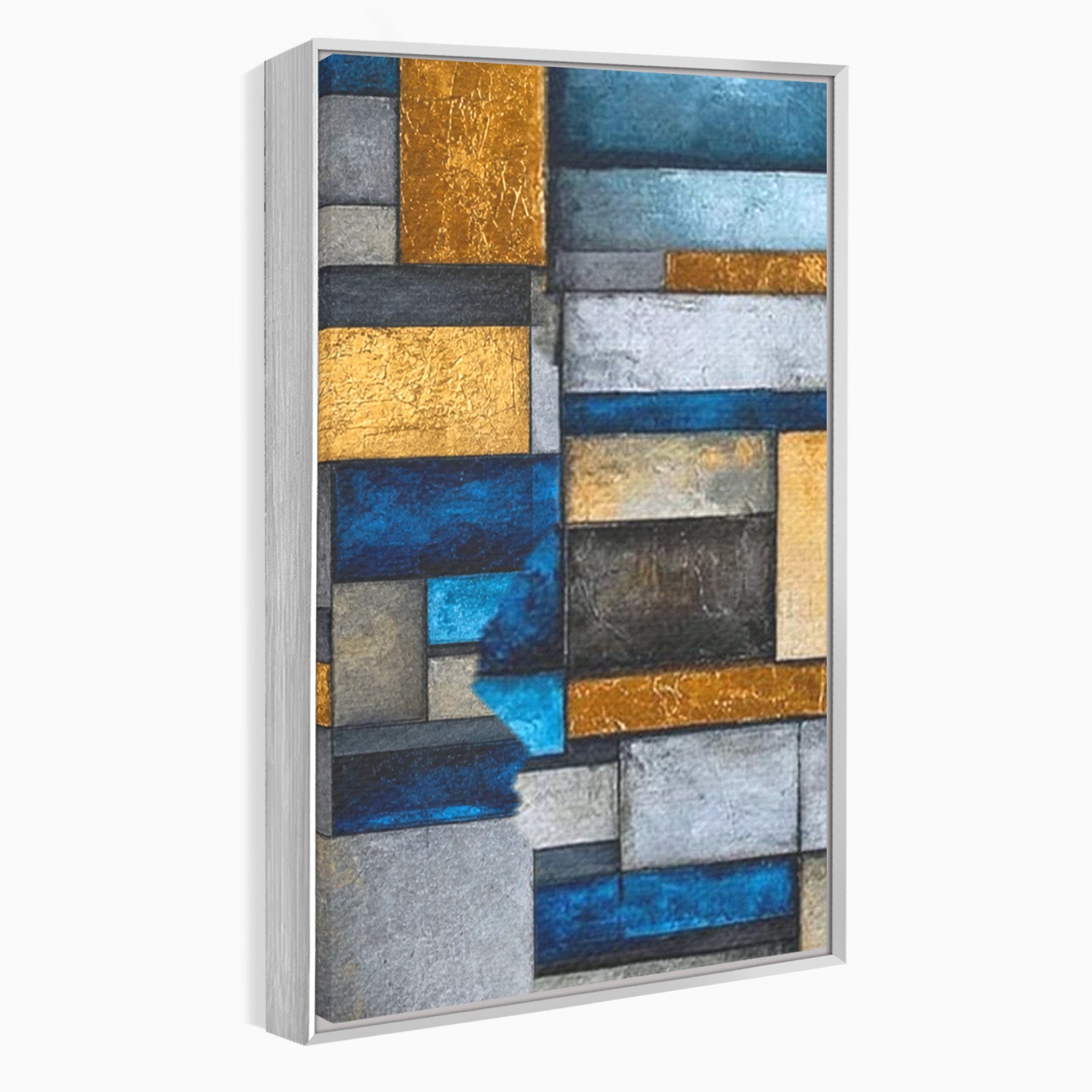 Set 3 Tablouri Canvas Premium LuxCanva® C3-1285, Aur printre ziduri, Geometrie, Culori, Abstract, Auriu, Albastru, Linii, Straturi, Constructie, Profunzime, Minimalist, Modernism, Birou, Living, Dormitor