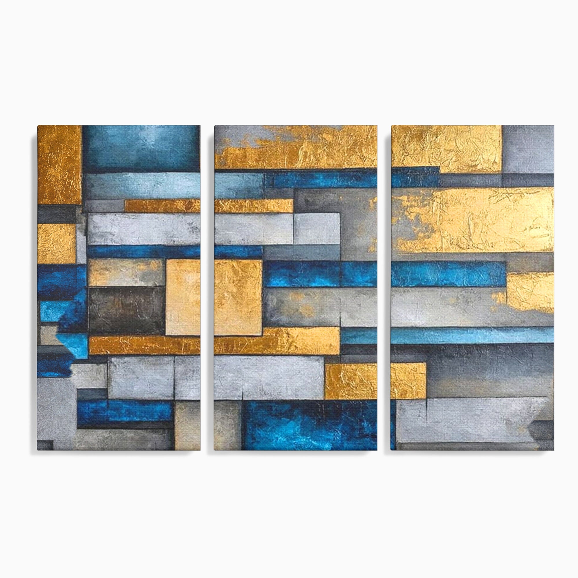 Set 3 Tablouri Canvas Premium LuxCanva® C3-1285, Aur printre ziduri, Geometrie, Culori, Abstract, Auriu, Albastru, Linii, Straturi, Constructie, Profunzime, Minimalist, Modernism, Birou, Living, Dormitor