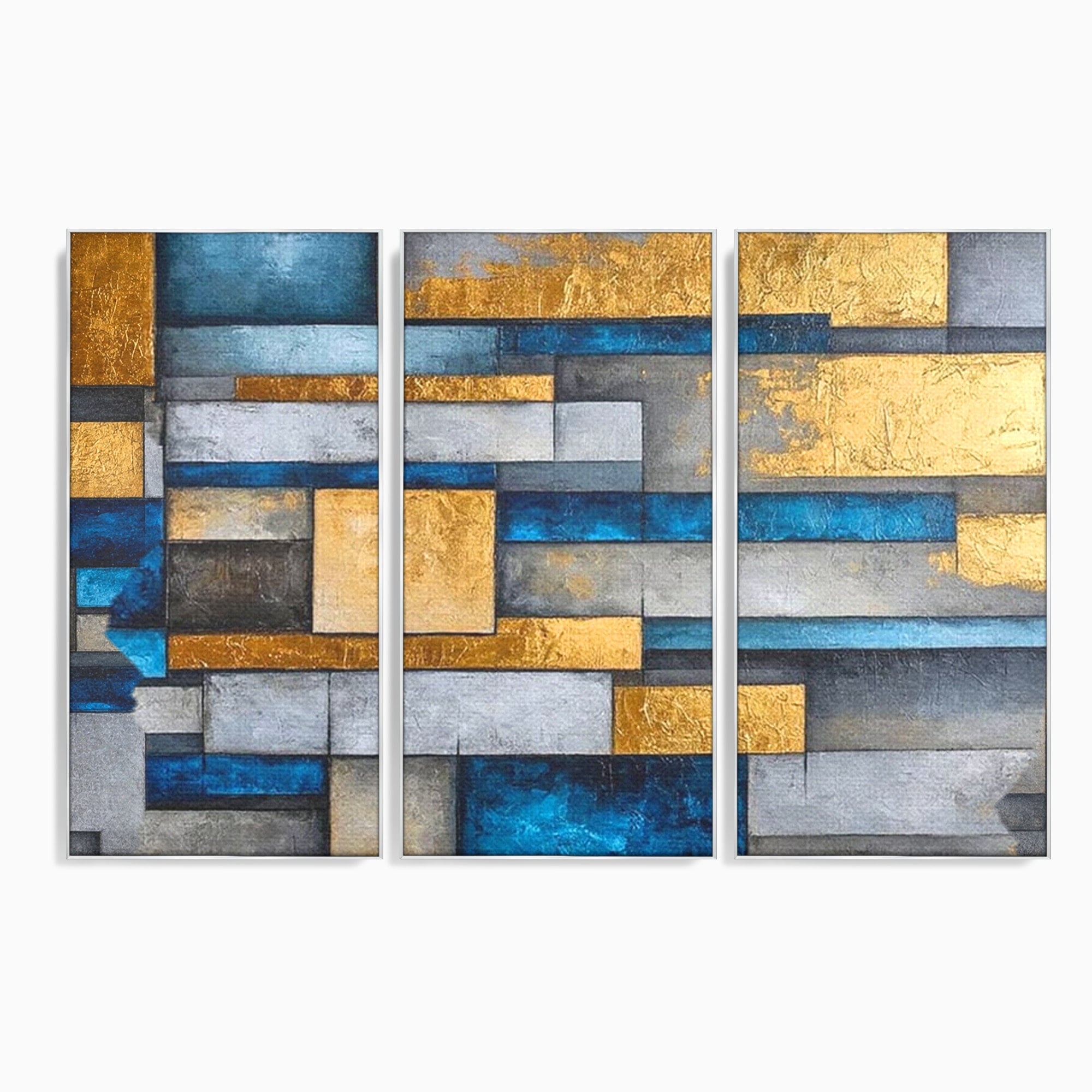 Set 3 Tablouri Canvas Premium LuxCanva® C3-1285, Aur printre ziduri, Geometrie, Culori, Abstract, Auriu, Albastru, Linii, Straturi, Constructie, Profunzime, Minimalist, Modernism, Birou, Living, Dormitor