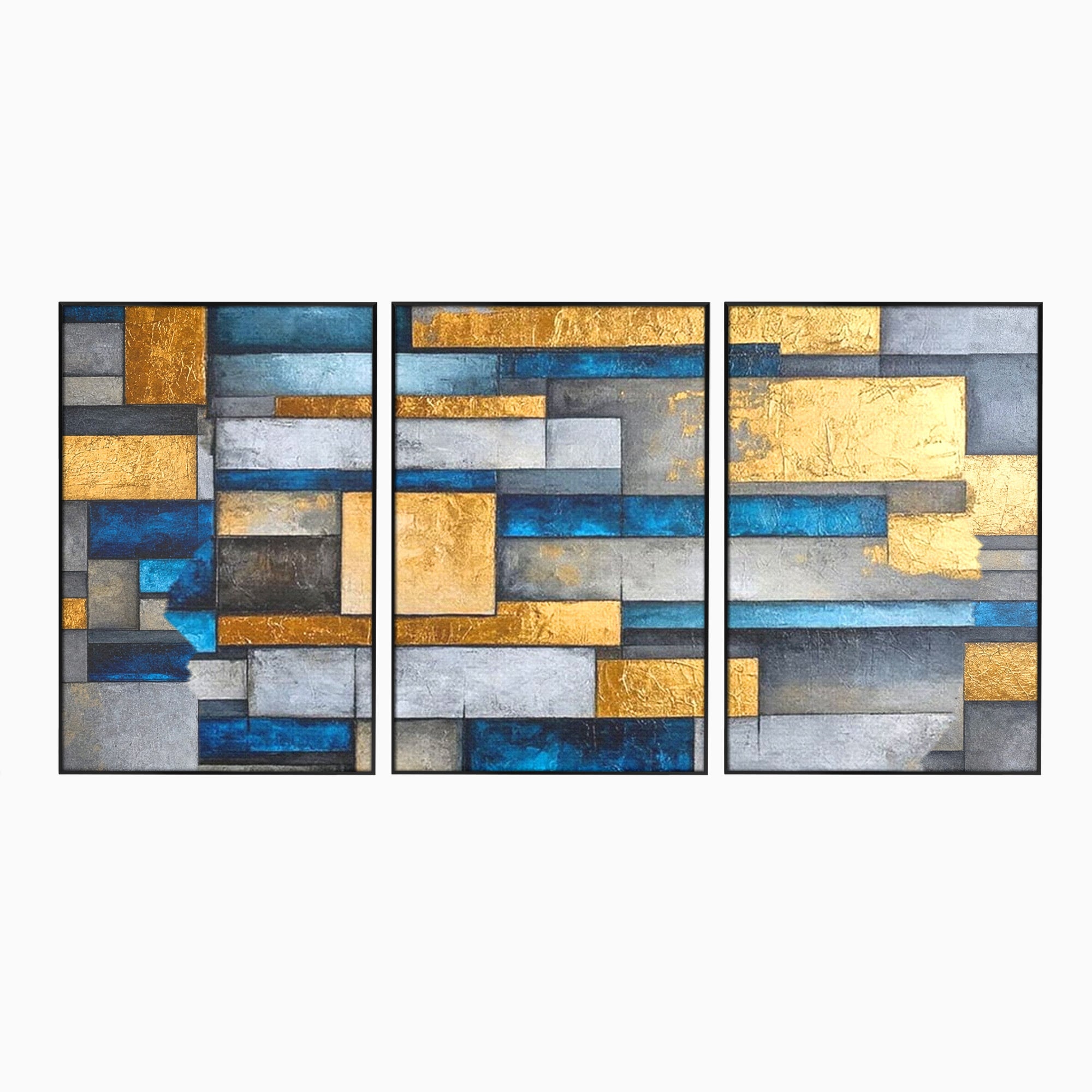 Set 3 Tablouri Canvas Premium LuxCanva® C3-1285, Aur printre ziduri, Geometrie, Culori, Abstract, Auriu, Albastru, Linii, Straturi, Constructie, Profunzime, Minimalist, Modernism, Birou, Living, Dormitor