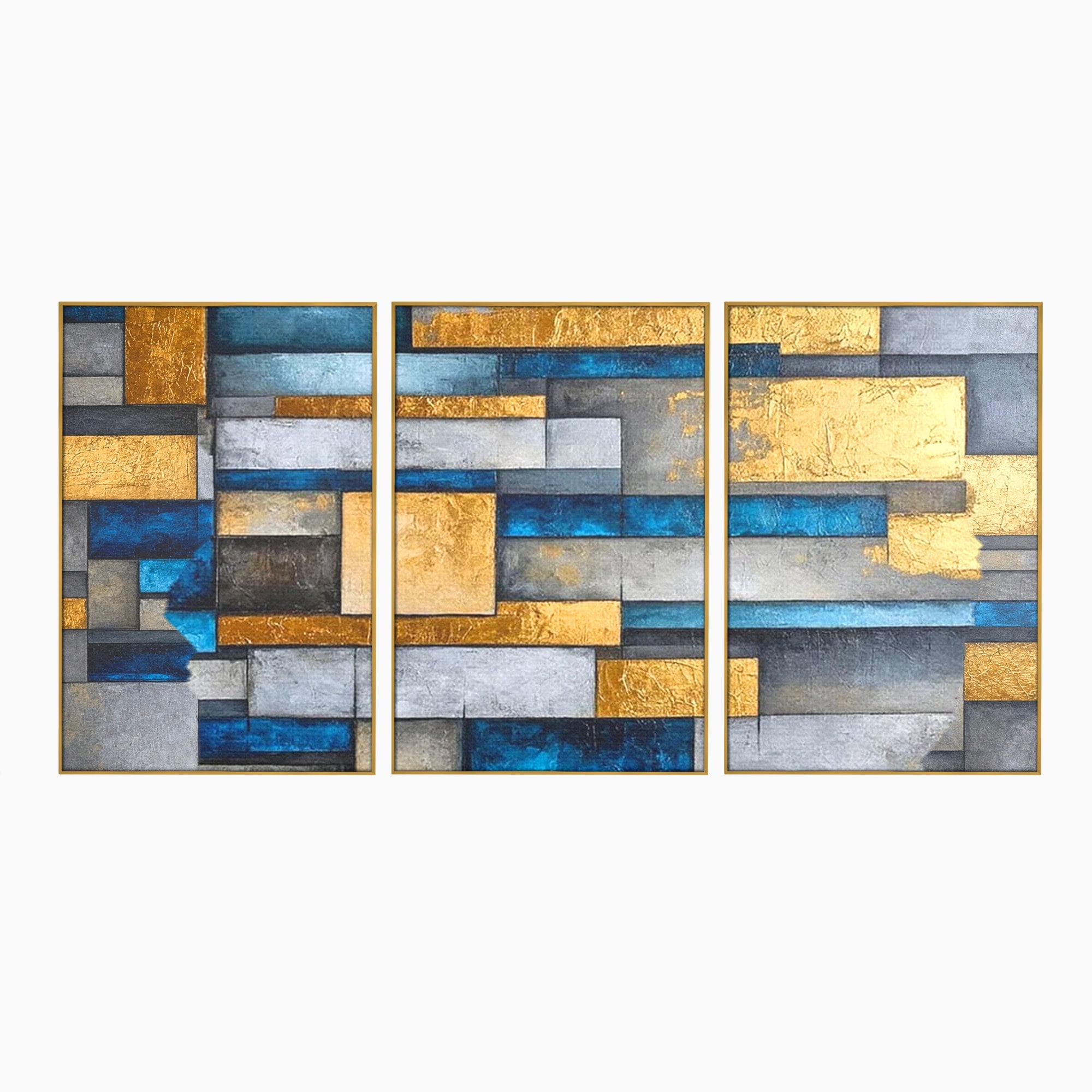 Set 3 Tablouri Canvas Premium LuxCanva® C3-1285, Aur printre ziduri, Geometrie, Culori, Abstract, Auriu, Albastru, Linii, Straturi, Constructie, Profunzime, Minimalist, Modernism, Birou, Living, Dormitor