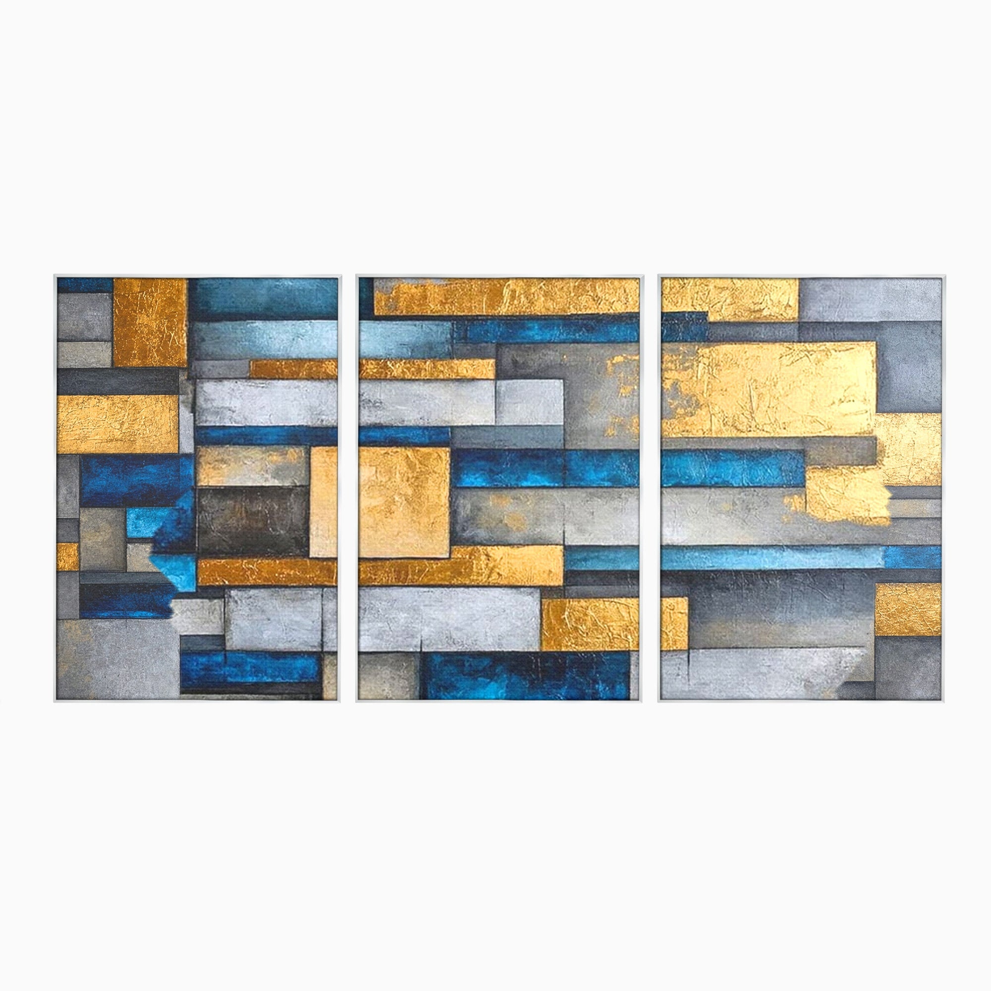 Set 3 Tablouri Canvas Premium LuxCanva® C3-1285, Aur printre ziduri, Geometrie, Culori, Abstract, Auriu, Albastru, Linii, Straturi, Constructie, Profunzime, Minimalist, Modernism, Birou, Living, Dormitor