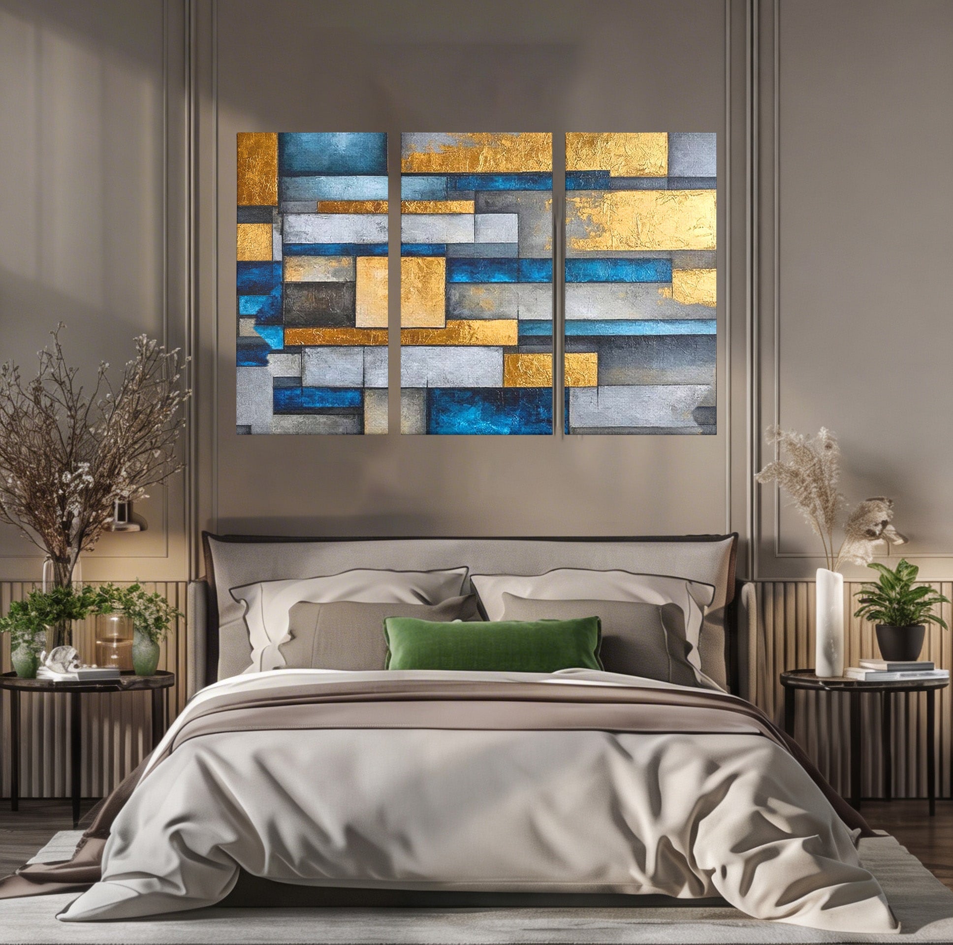 Set 3 Tablouri Canvas Premium LuxCanva® C3-1285, Aur printre ziduri, Geometrie, Culori, Abstract, Auriu, Albastru, Linii, Straturi, Constructie, Profunzime, Minimalist, Modernism, Birou, Living, Dormitor