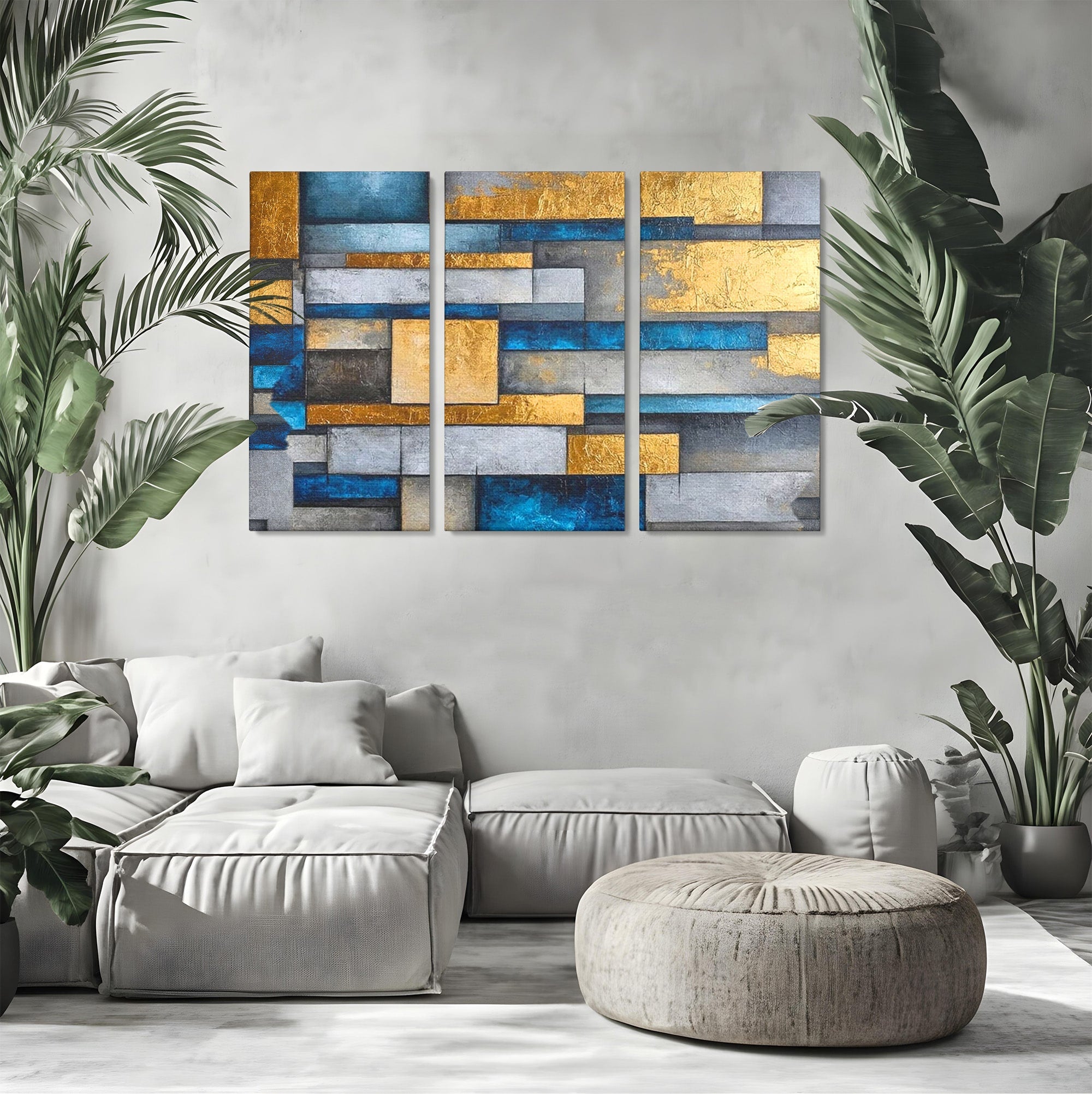 Set 3 Tablouri Canvas Premium LuxCanva® C3-1285, Aur printre ziduri, Geometrie, Culori, Abstract, Auriu, Albastru, Linii, Straturi, Constructie, Profunzime, Minimalist, Modernism, Birou, Living, Dormitor