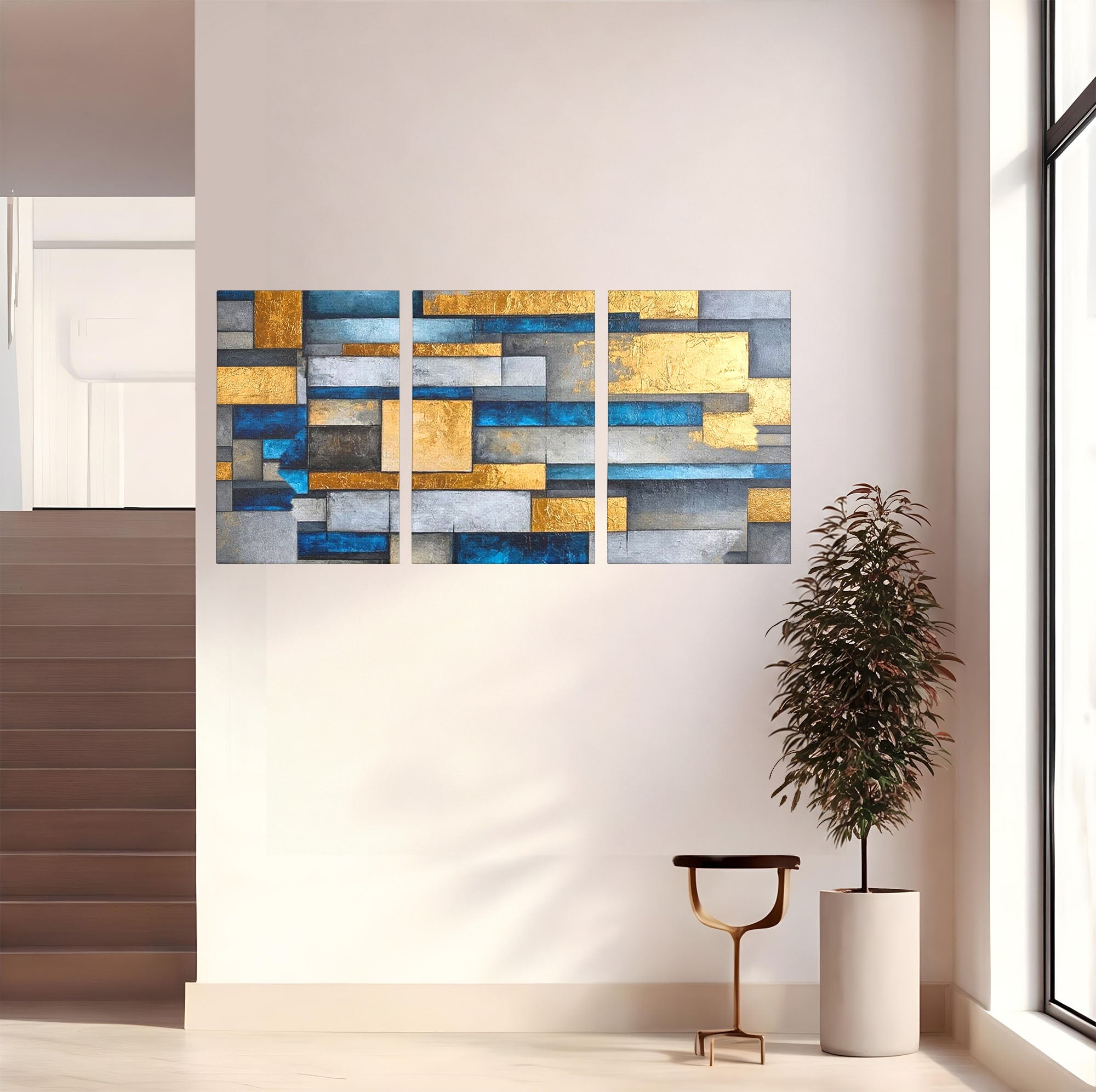 Set 3 Tablouri Canvas Premium LuxCanva® C3-1285, Aur printre ziduri, Geometrie, Culori, Abstract, Auriu, Albastru, Linii, Straturi, Constructie, Profunzime, Minimalist, Modernism, Birou, Living, Dormitor