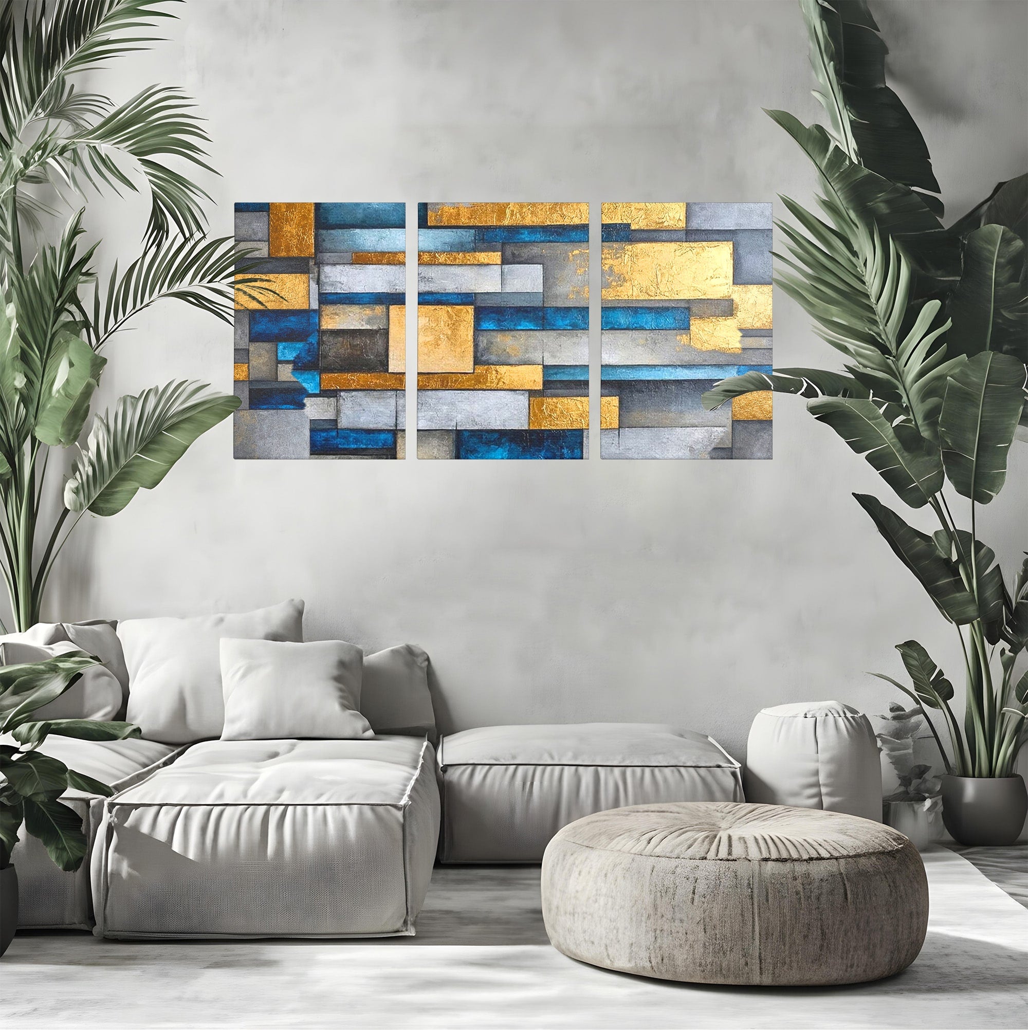 Set 3 Tablouri Canvas Premium LuxCanva® C3-1285, Aur printre ziduri, Geometrie, Culori, Abstract, Auriu, Albastru, Linii, Straturi, Constructie, Profunzime, Minimalist, Modernism, Birou, Living, Dormitor