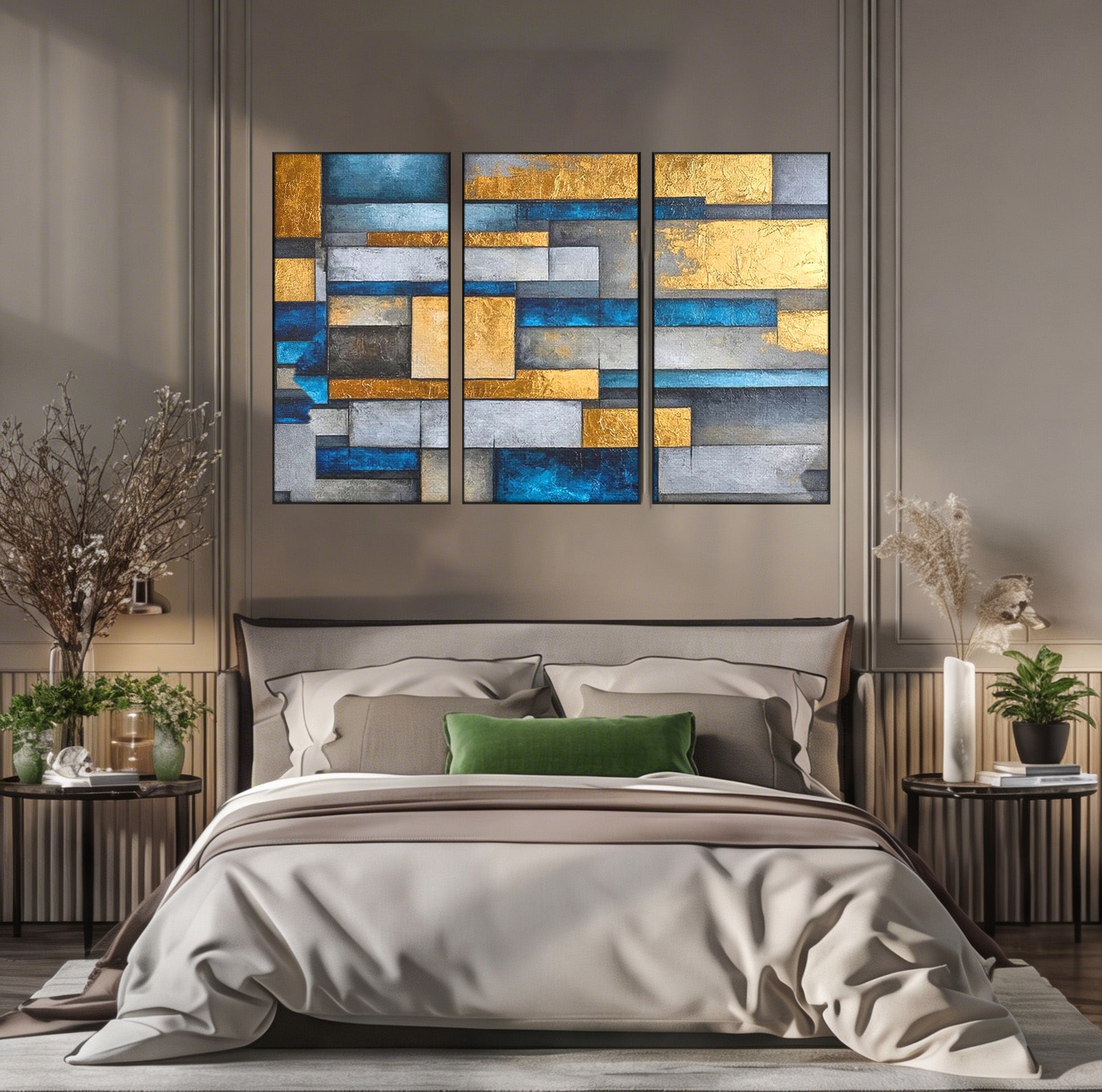Set 3 Tablouri Canvas Premium LuxCanva® C3-1285, Aur printre ziduri, Geometrie, Culori, Abstract, Auriu, Albastru, Linii, Straturi, Constructie, Profunzime, Minimalist, Modernism, Birou, Living, Dormitor