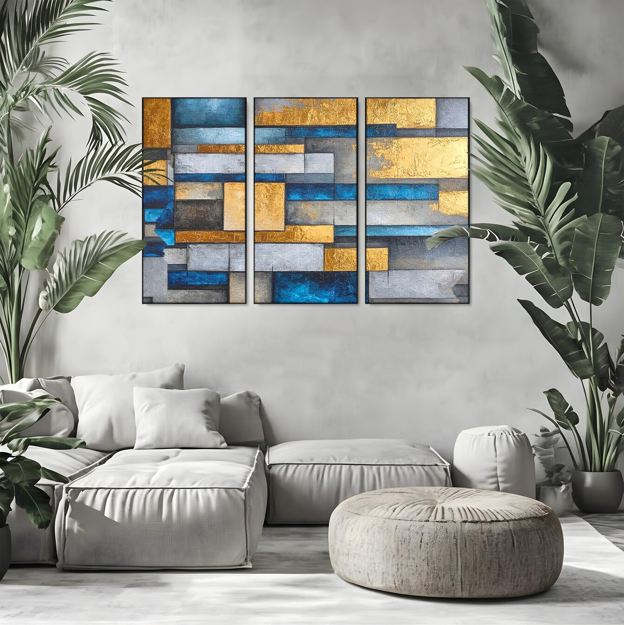 Set 3 Tablouri Canvas Premium LuxCanva® C3-1285, Aur printre ziduri, Geometrie, Culori, Abstract, Auriu, Albastru, Linii, Straturi, Constructie, Profunzime, Minimalist, Modernism, Birou, Living, Dormitor