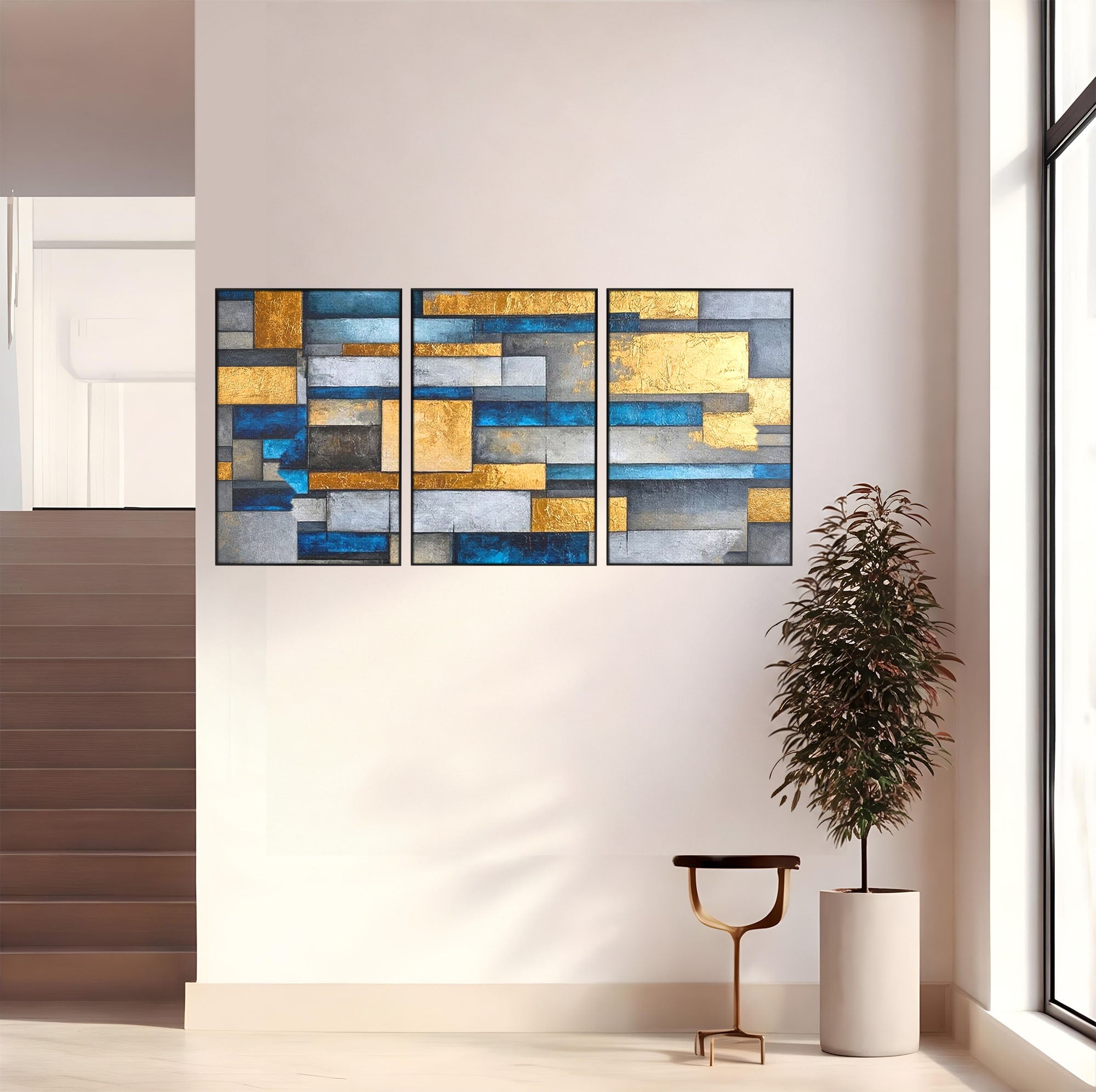 Set 3 Tablouri Canvas Premium LuxCanva® C3-1285, Aur printre ziduri, Geometrie, Culori, Abstract, Auriu, Albastru, Linii, Straturi, Constructie, Profunzime, Minimalist, Modernism, Birou, Living, Dormitor
