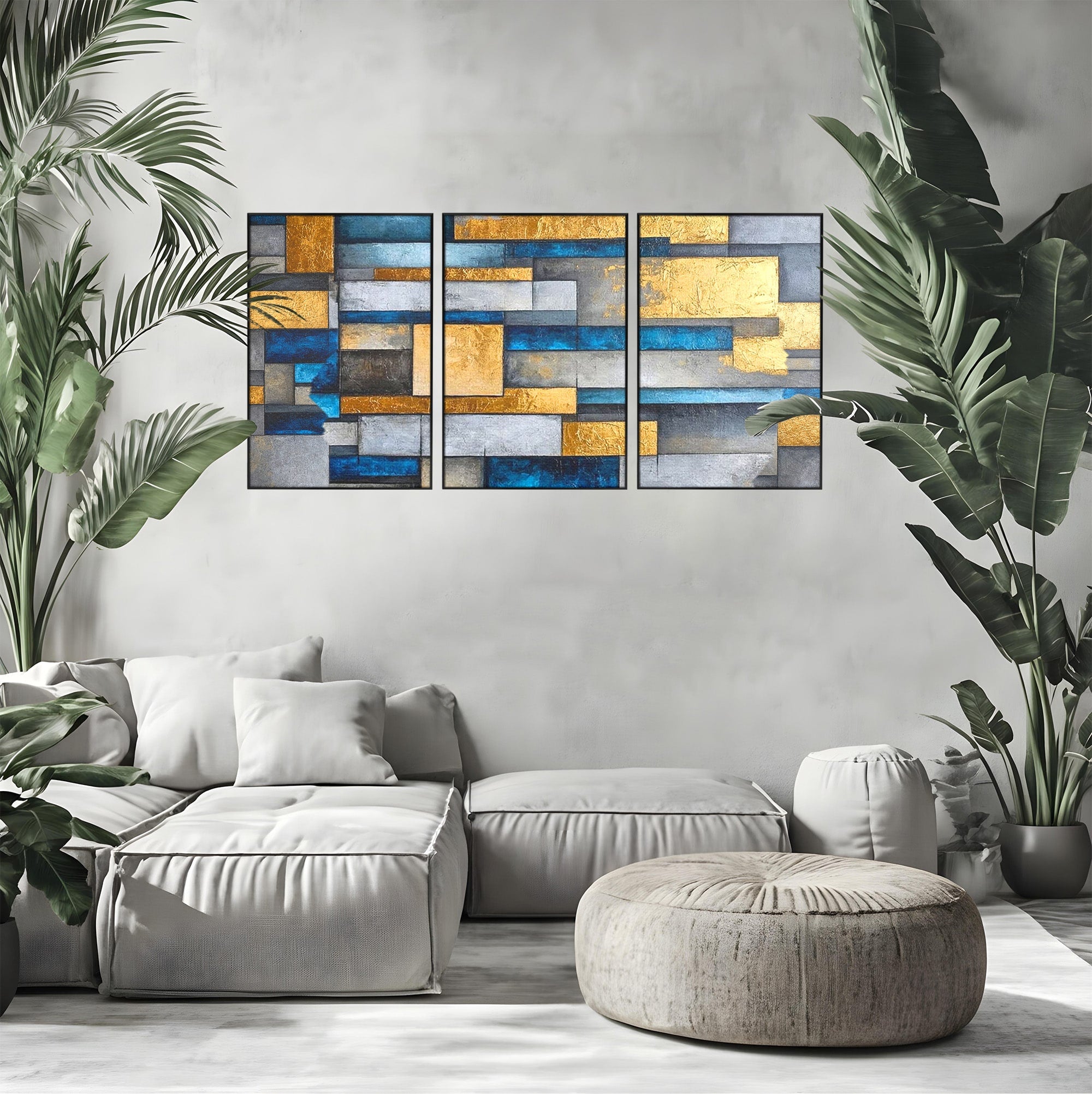 Set 3 Tablouri Canvas Premium LuxCanva® C3-1285, Aur printre ziduri, Geometrie, Culori, Abstract, Auriu, Albastru, Linii, Straturi, Constructie, Profunzime, Minimalist, Modernism, Birou, Living, Dormitor