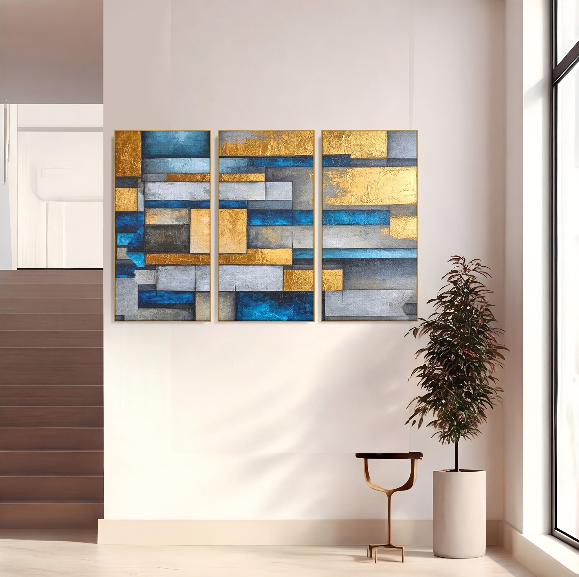 Set 3 Tablouri Canvas Premium LuxCanva® C3-1285, Aur printre ziduri, Geometrie, Culori, Abstract, Auriu, Albastru, Linii, Straturi, Constructie, Profunzime, Minimalist, Modernism, Birou, Living, Dormitor