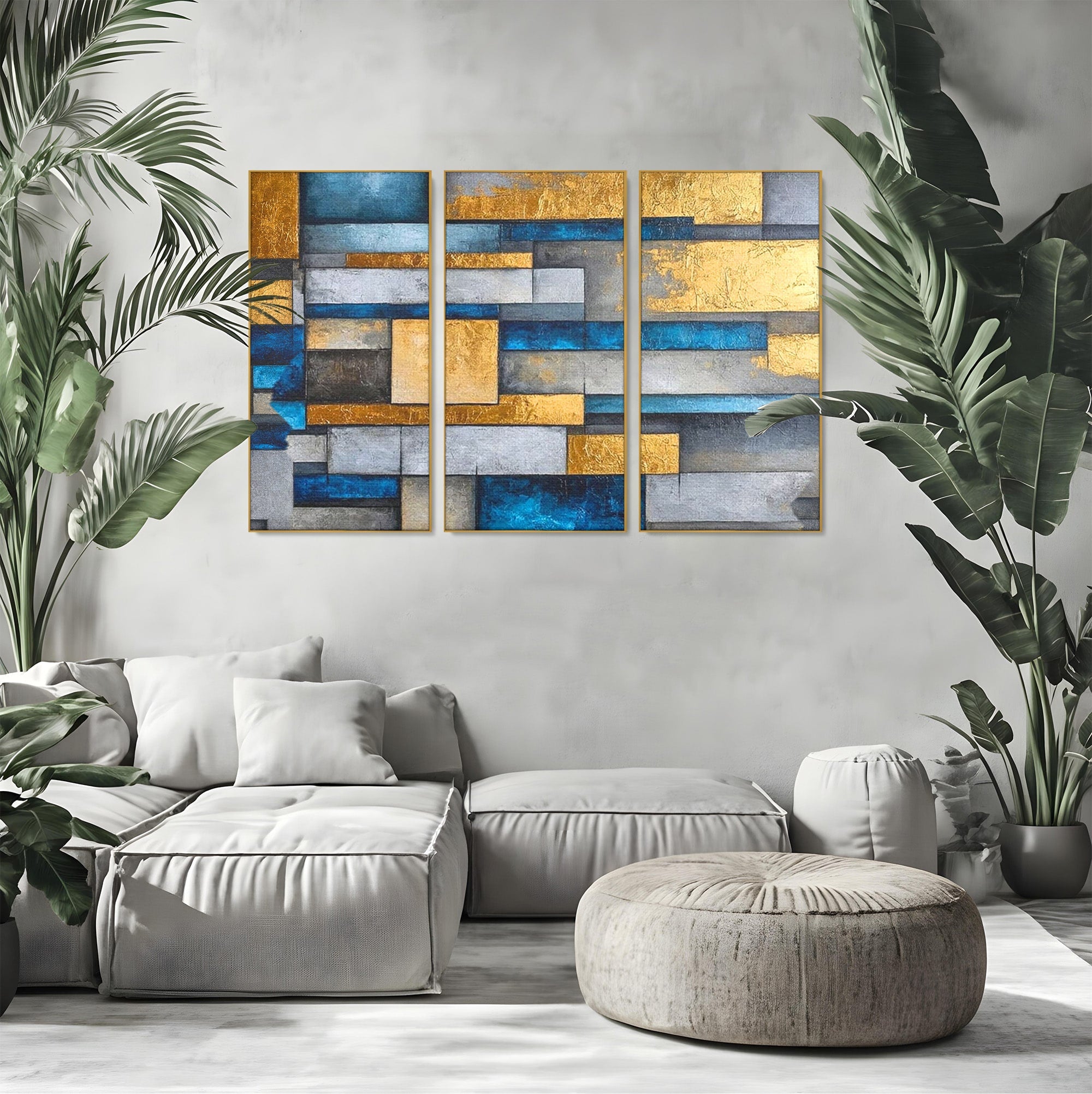Set 3 Tablouri Canvas Premium LuxCanva® C3-1285, Aur printre ziduri, Geometrie, Culori, Abstract, Auriu, Albastru, Linii, Straturi, Constructie, Profunzime, Minimalist, Modernism, Birou, Living, Dormitor