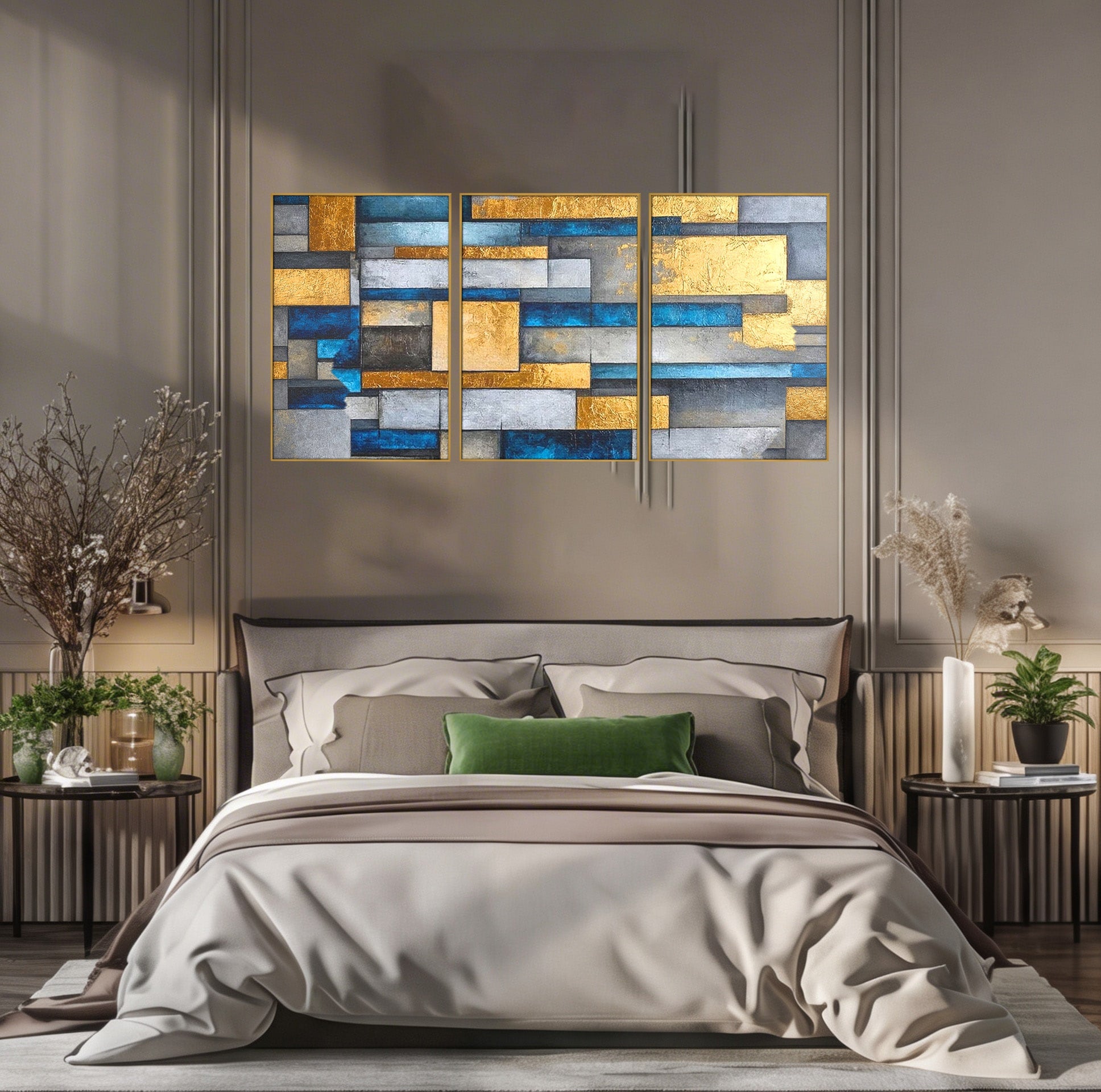 Set 3 Tablouri Canvas Premium LuxCanva® C3-1285, Aur printre ziduri, Geometrie, Culori, Abstract, Auriu, Albastru, Linii, Straturi, Constructie, Profunzime, Minimalist, Modernism, Birou, Living, Dormitor