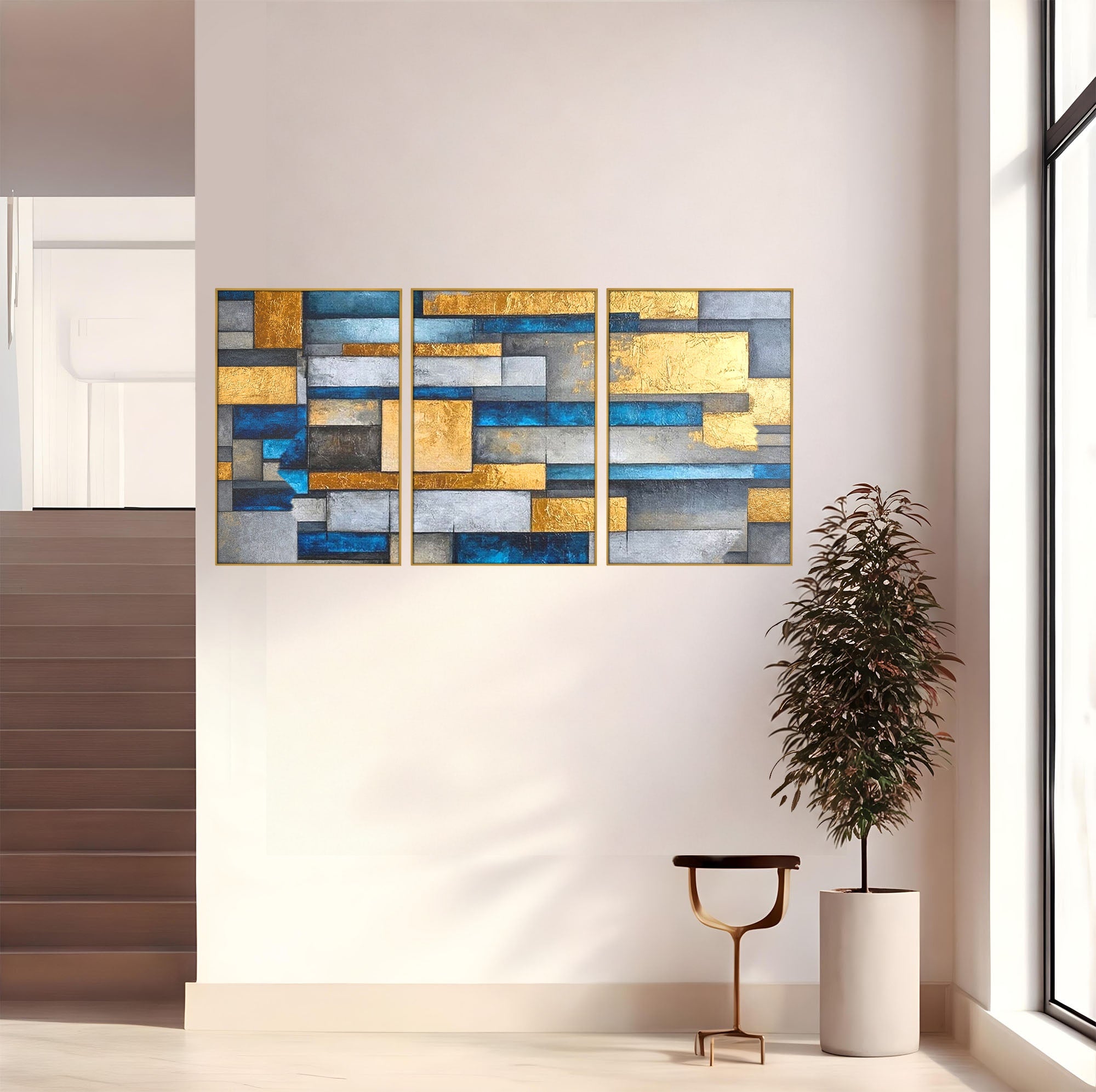Set 3 Tablouri Canvas Premium LuxCanva® C3-1285, Aur printre ziduri, Geometrie, Culori, Abstract, Auriu, Albastru, Linii, Straturi, Constructie, Profunzime, Minimalist, Modernism, Birou, Living, Dormitor