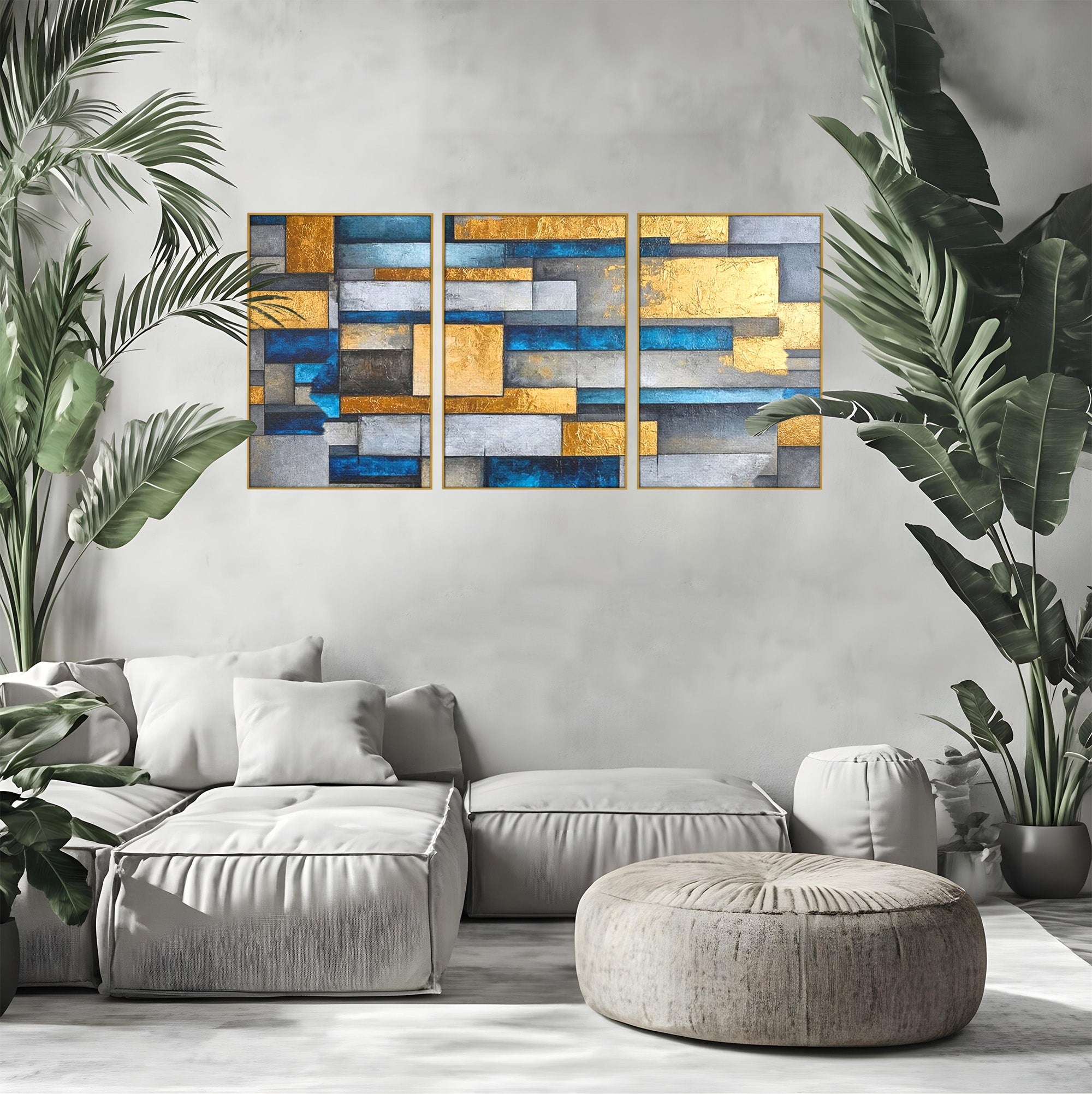 Set 3 Tablouri Canvas Premium LuxCanva® C3-1285, Aur printre ziduri, Geometrie, Culori, Abstract, Auriu, Albastru, Linii, Straturi, Constructie, Profunzime, Minimalist, Modernism, Birou, Living, Dormitor