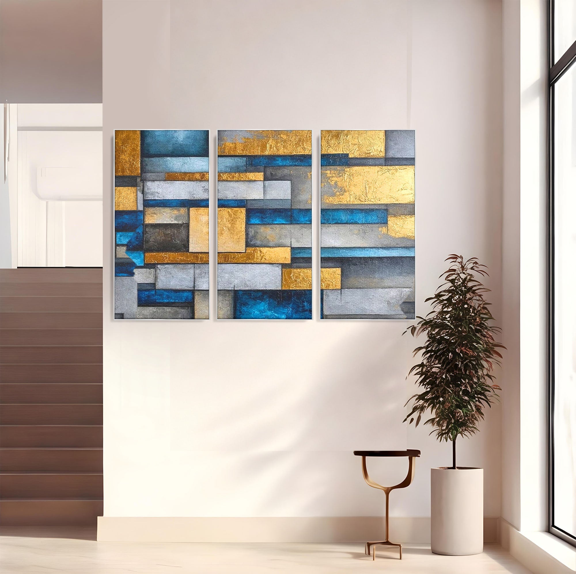 Set 3 Tablouri Canvas Premium LuxCanva® C3-1285, Aur printre ziduri, Geometrie, Culori, Abstract, Auriu, Albastru, Linii, Straturi, Constructie, Profunzime, Minimalist, Modernism, Birou, Living, Dormitor