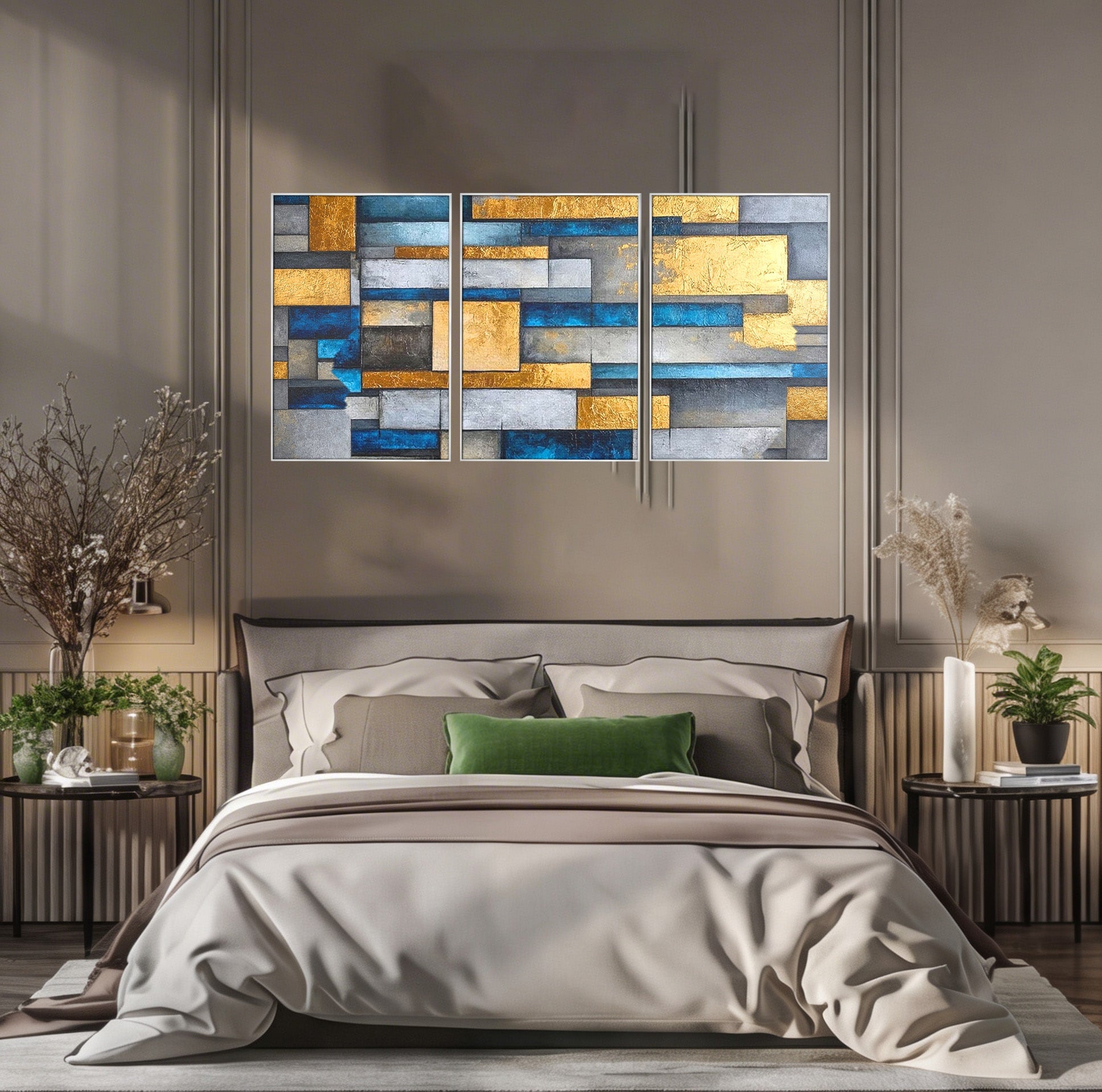 Set 3 Tablouri Canvas Premium LuxCanva® C3-1285, Aur printre ziduri, Geometrie, Culori, Abstract, Auriu, Albastru, Linii, Straturi, Constructie, Profunzime, Minimalist, Modernism, Birou, Living, Dormitor