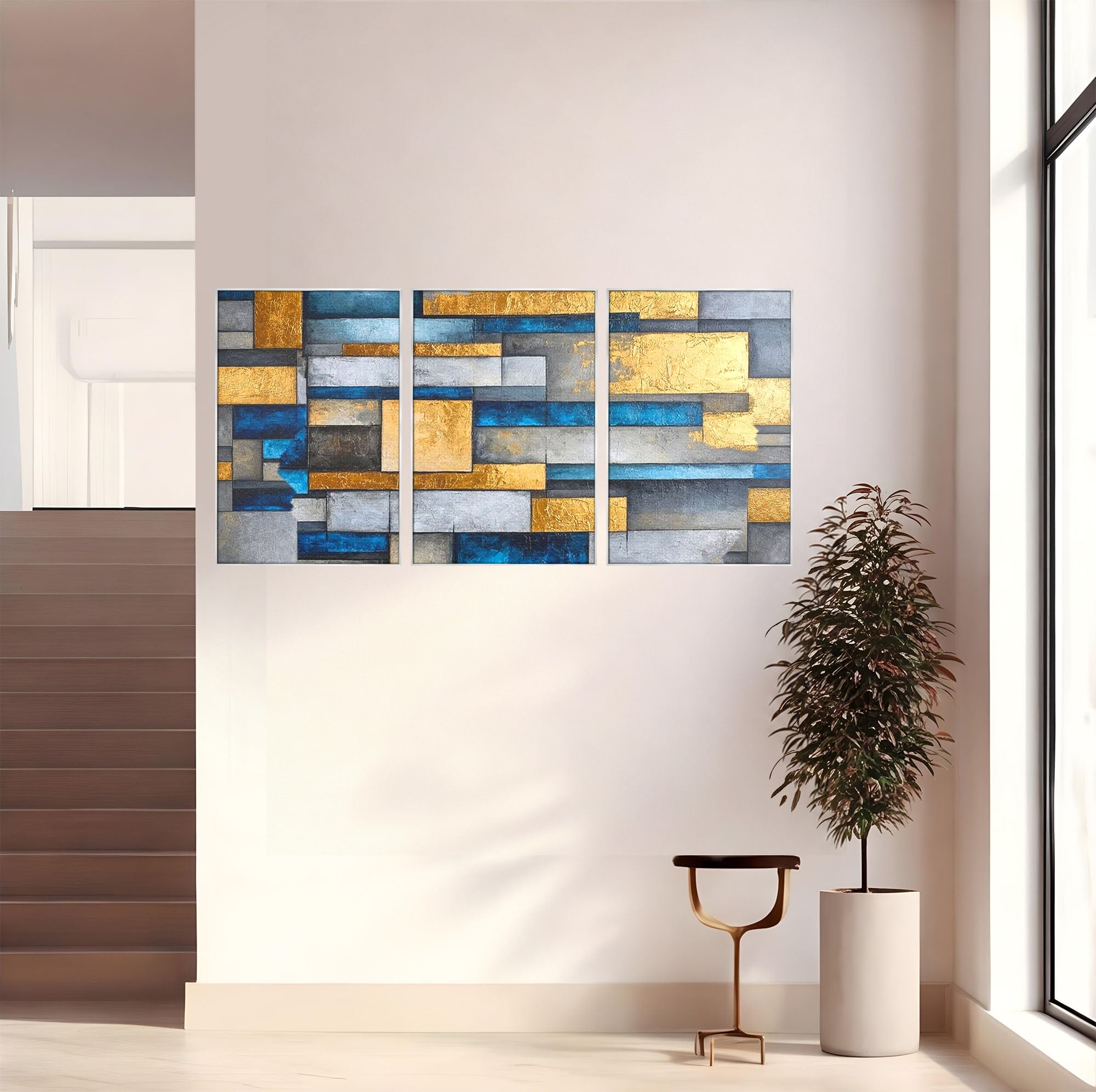 Set 3 Tablouri Canvas Premium LuxCanva® C3-1285, Aur printre ziduri, Geometrie, Culori, Abstract, Auriu, Albastru, Linii, Straturi, Constructie, Profunzime, Minimalist, Modernism, Birou, Living, Dormitor