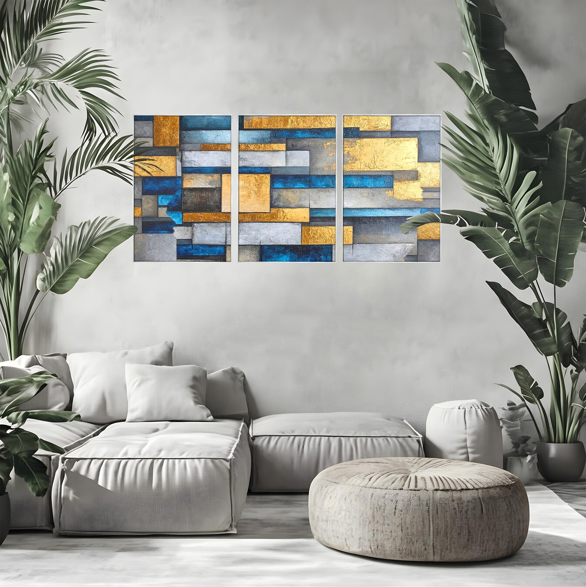 Set 3 Tablouri Canvas Premium LuxCanva® C3-1285, Aur printre ziduri, Geometrie, Culori, Abstract, Auriu, Albastru, Linii, Straturi, Constructie, Profunzime, Minimalist, Modernism, Birou, Living, Dormitor