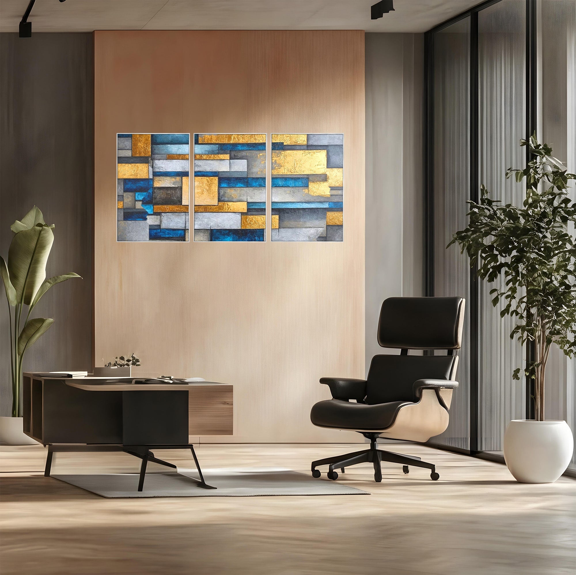 Set 3 Tablouri Canvas Premium LuxCanva® C3-1285, Aur printre ziduri, Geometrie, Culori, Abstract, Auriu, Albastru, Linii, Straturi, Constructie, Profunzime, Minimalist, Modernism, Birou, Living, Dormitor