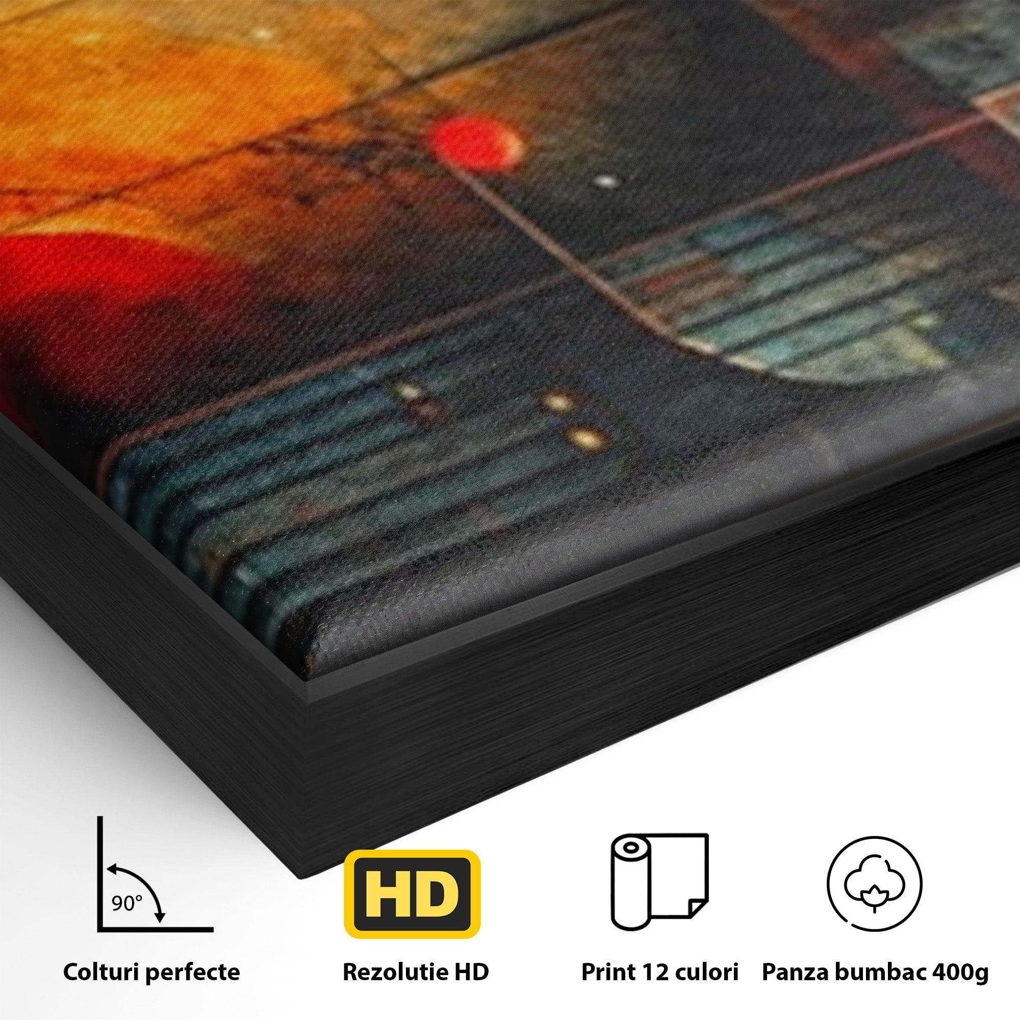 Set 3 Tablouri Canvas Premium LuxCanva® C3-1286, Cosmologii Urbane, Geometrie, Culori, Abstract, Cercuri, Arc, Rosu, Foc, Jar, Industrial, Ocru, Contrast, Echilibru, Modern, Birou, Living, Dormitor