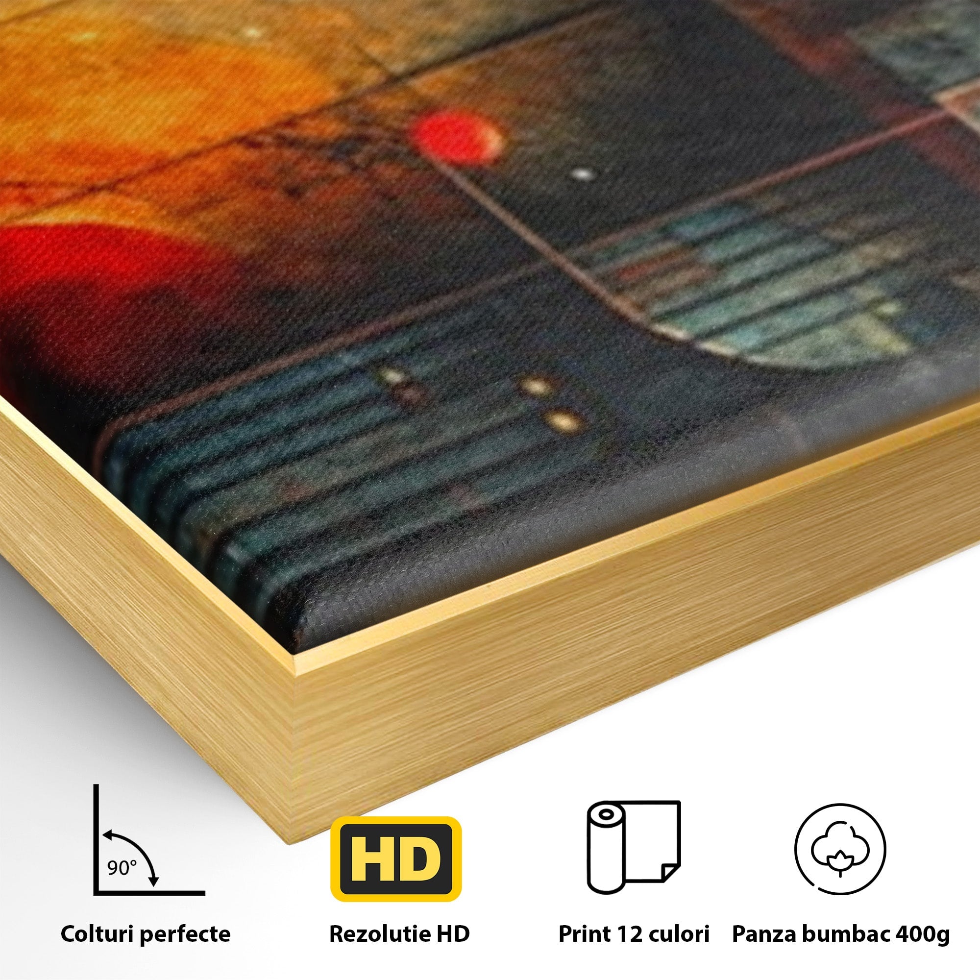 Set 3 Tablouri Canvas Premium LuxCanva® C3-1286, Cosmologii Urbane, Geometrie, Culori, Abstract, Cercuri, Arc, Rosu, Foc, Jar, Industrial, Ocru, Contrast, Echilibru, Modern, Birou, Living, Dormitor