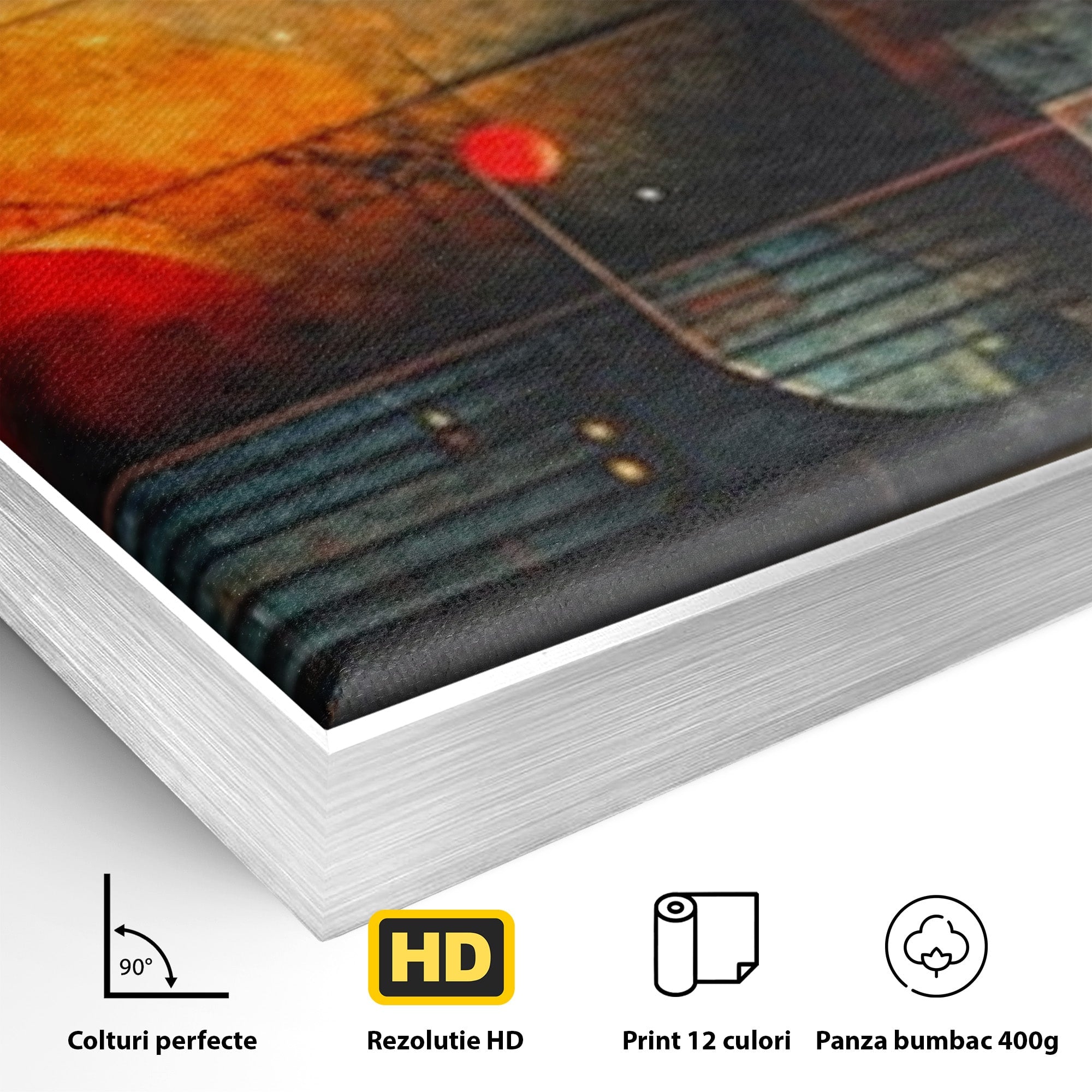 Set 3 Tablouri Canvas Premium LuxCanva® C3-1286, Cosmologii Urbane, Geometrie, Culori, Abstract, Cercuri, Arc, Rosu, Foc, Jar, Industrial, Ocru, Contrast, Echilibru, Modern, Birou, Living, Dormitor