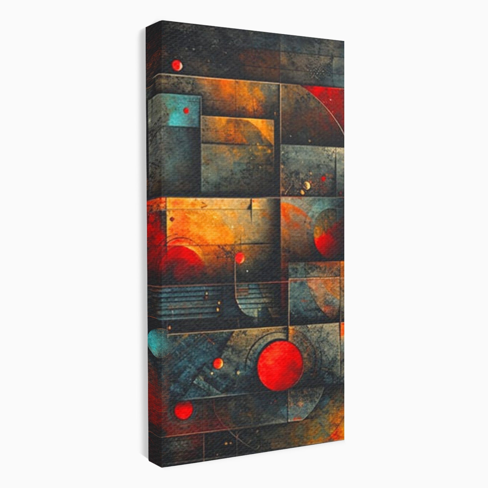 Set 3 Tablouri Canvas Premium LuxCanva® C3-1286, Cosmologii Urbane, Geometrie, Culori, Abstract, Cercuri, Arc, Rosu, Foc, Jar, Industrial, Ocru, Contrast, Echilibru, Modern, Birou, Living, Dormitor
