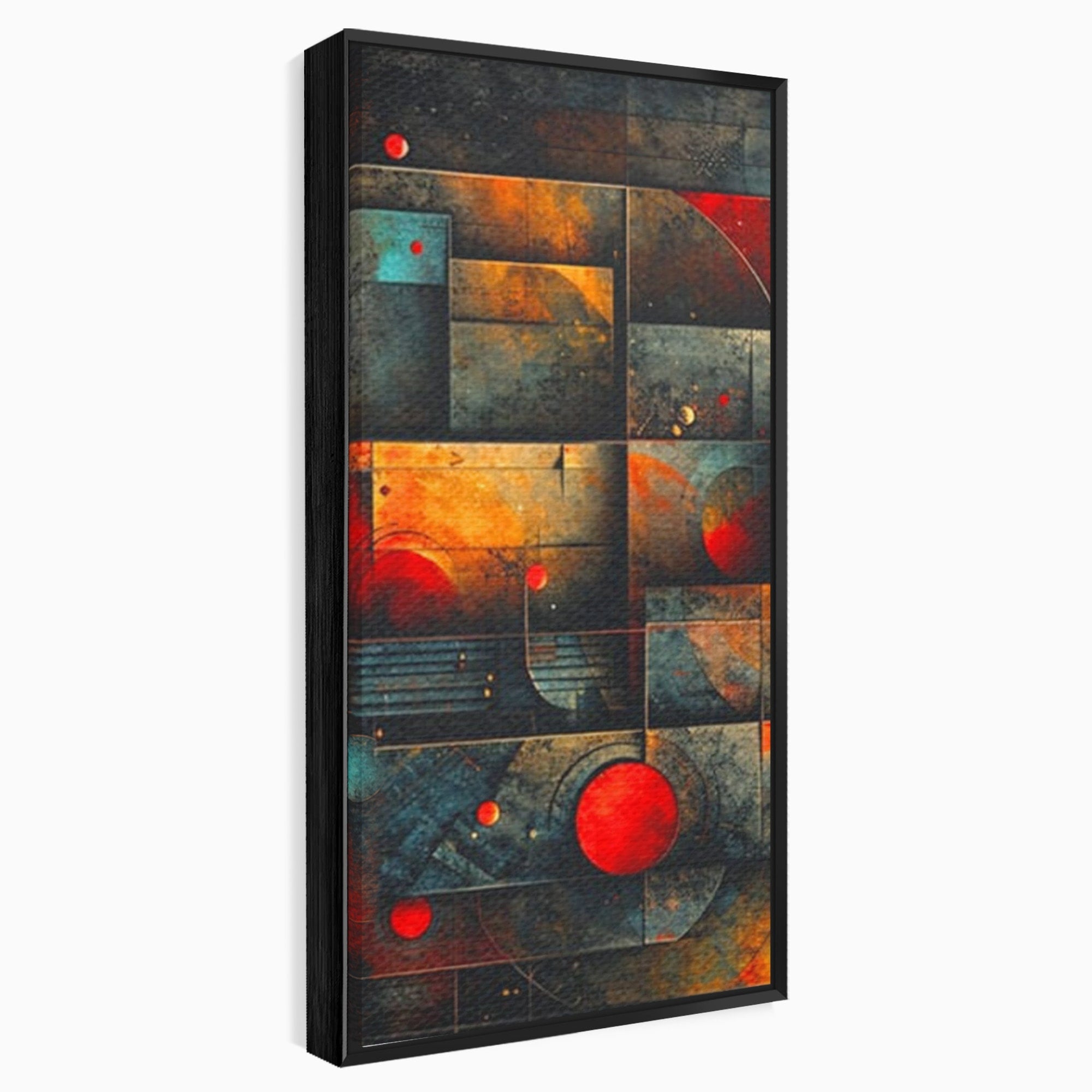 Set 3 Tablouri Canvas Premium LuxCanva® C3-1286, Cosmologii Urbane, Geometrie, Culori, Abstract, Cercuri, Arc, Rosu, Foc, Jar, Industrial, Ocru, Contrast, Echilibru, Modern, Birou, Living, Dormitor