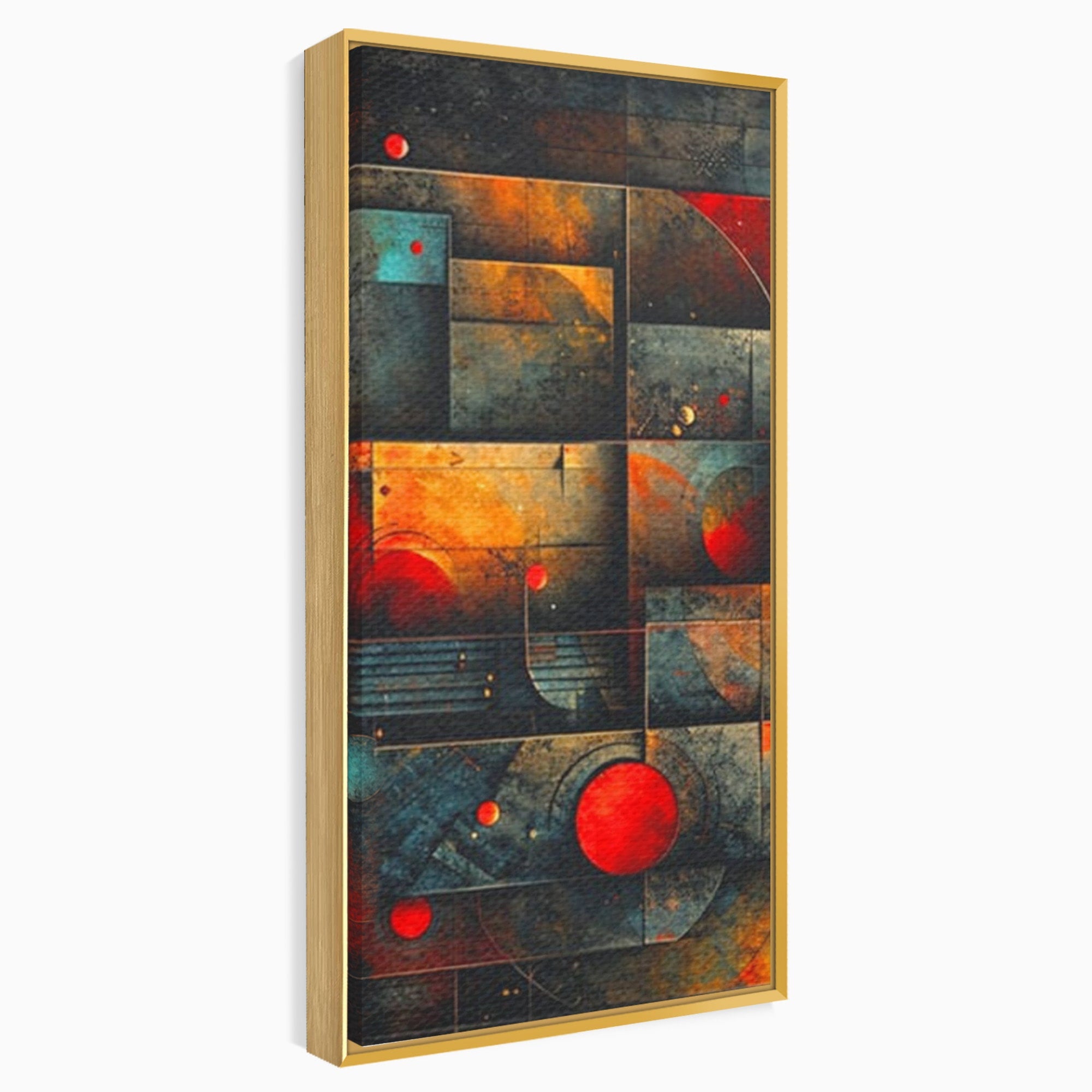 Set 3 Tablouri Canvas Premium LuxCanva® C3-1286, Cosmologii Urbane, Geometrie, Culori, Abstract, Cercuri, Arc, Rosu, Foc, Jar, Industrial, Ocru, Contrast, Echilibru, Modern, Birou, Living, Dormitor