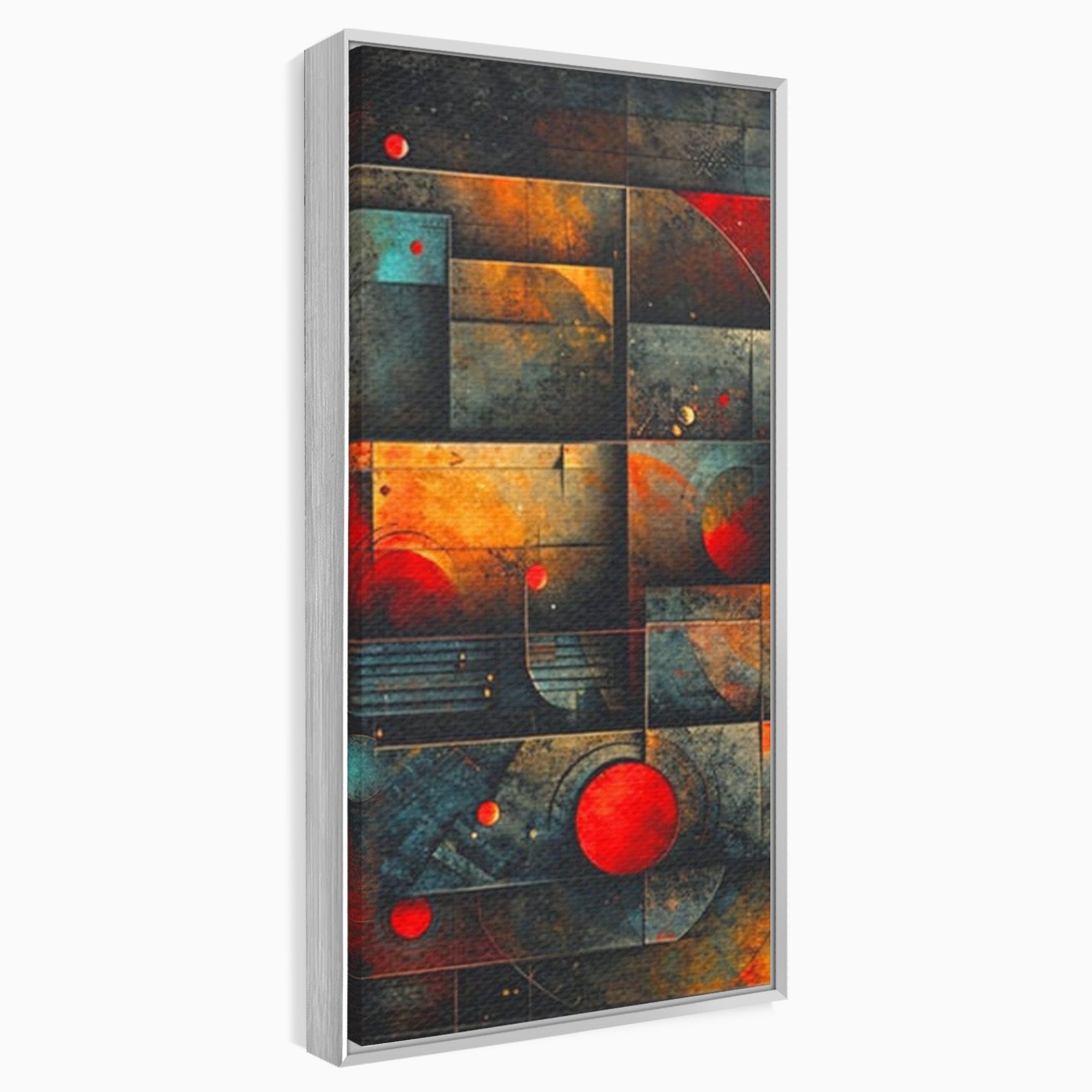 Set 3 Tablouri Canvas Premium LuxCanva® C3-1286, Cosmologii Urbane, Geometrie, Culori, Abstract, Cercuri, Arc, Rosu, Foc, Jar, Industrial, Ocru, Contrast, Echilibru, Modern, Birou, Living, Dormitor