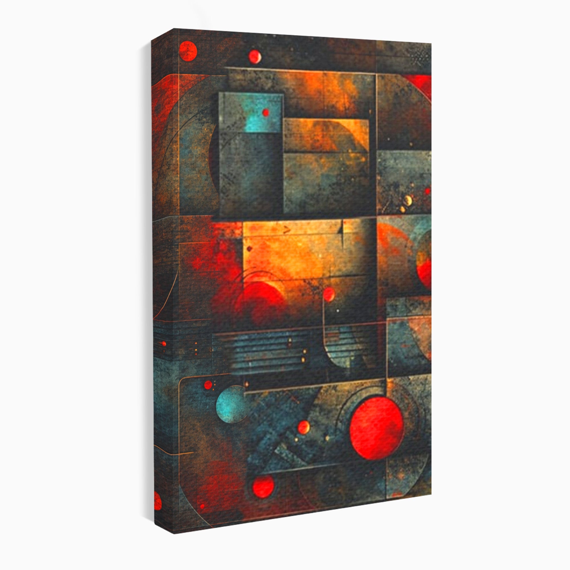Set 3 Tablouri Canvas Premium LuxCanva® C3-1286, Cosmologii Urbane, Geometrie, Culori, Abstract, Cercuri, Arc, Rosu, Foc, Jar, Industrial, Ocru, Contrast, Echilibru, Modern, Birou, Living, Dormitor