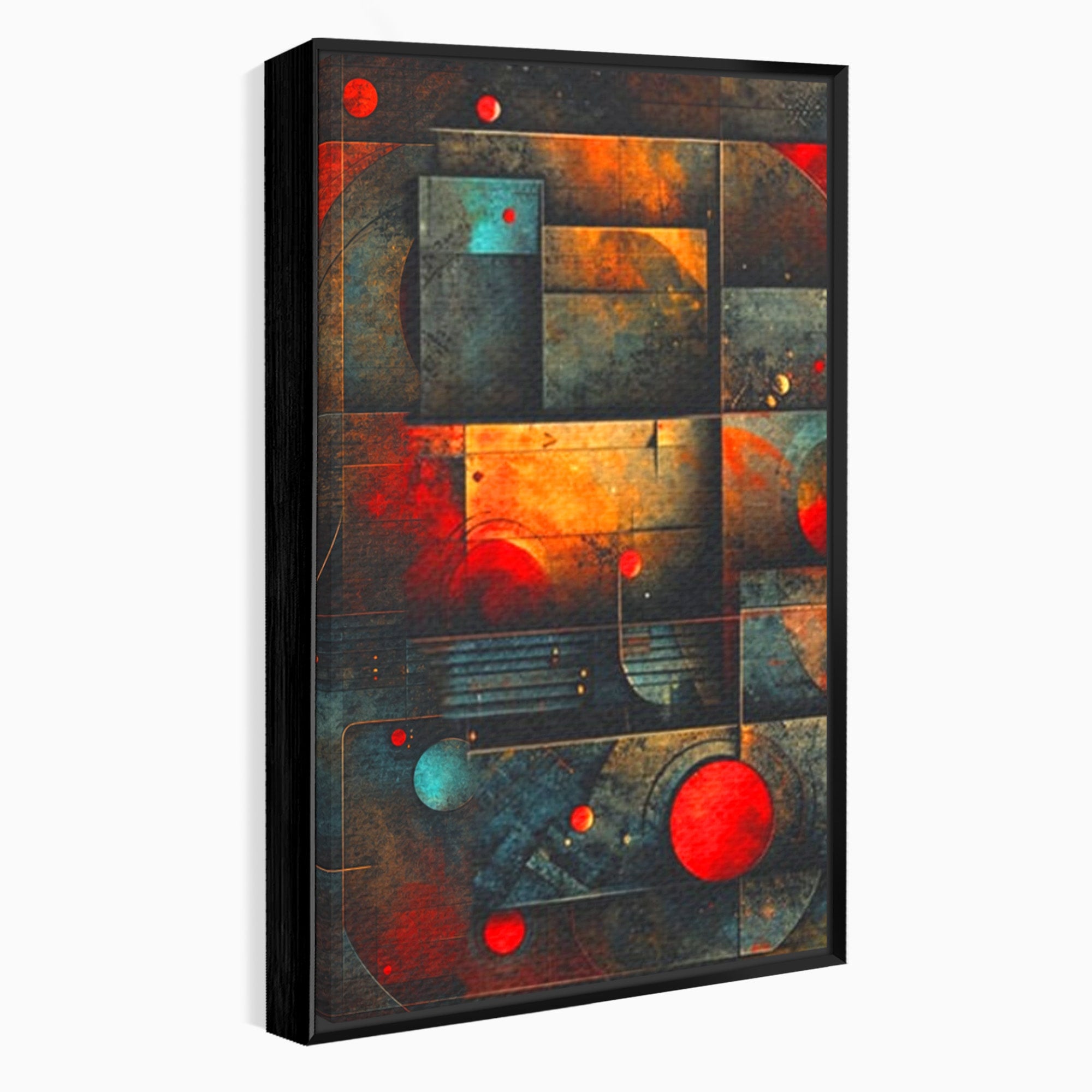 Set 3 Tablouri Canvas Premium LuxCanva® C3-1286, Cosmologii Urbane, Geometrie, Culori, Abstract, Cercuri, Arc, Rosu, Foc, Jar, Industrial, Ocru, Contrast, Echilibru, Modern, Birou, Living, Dormitor