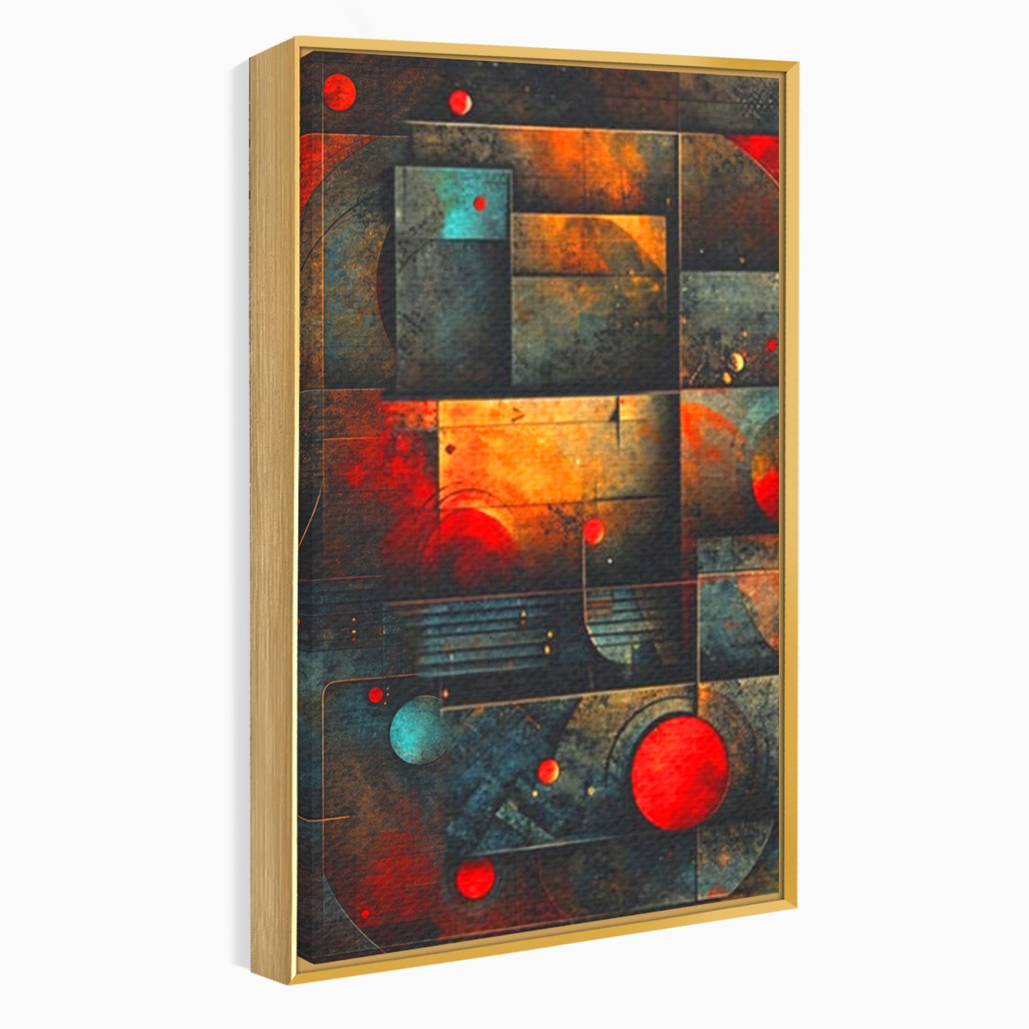 Set 3 Tablouri Canvas Premium LuxCanva® C3-1286, Cosmologii Urbane, Geometrie, Culori, Abstract, Cercuri, Arc, Rosu, Foc, Jar, Industrial, Ocru, Contrast, Echilibru, Modern, Birou, Living, Dormitor