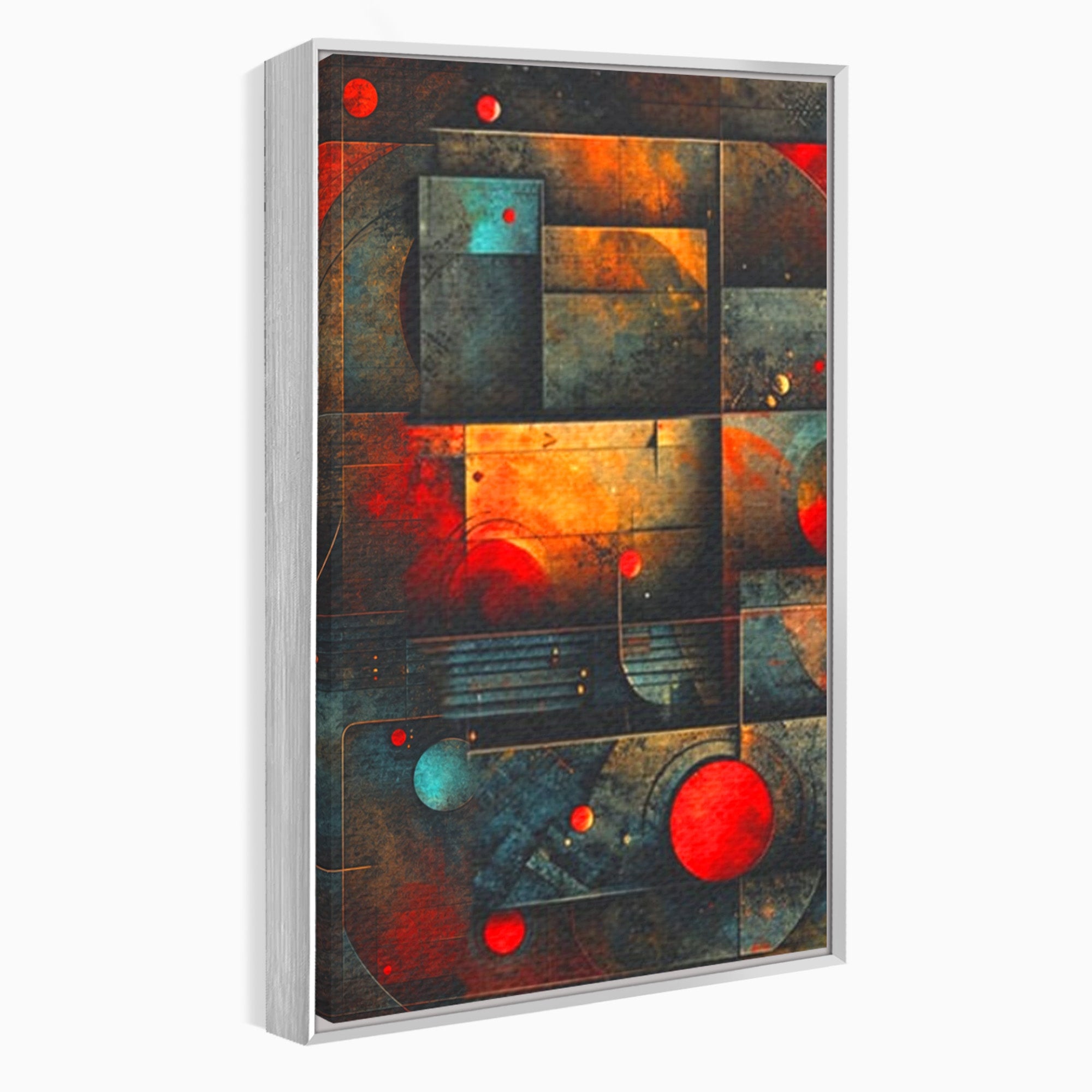 Set 3 Tablouri Canvas Premium LuxCanva® C3-1286, Cosmologii Urbane, Geometrie, Culori, Abstract, Cercuri, Arc, Rosu, Foc, Jar, Industrial, Ocru, Contrast, Echilibru, Modern, Birou, Living, Dormitor