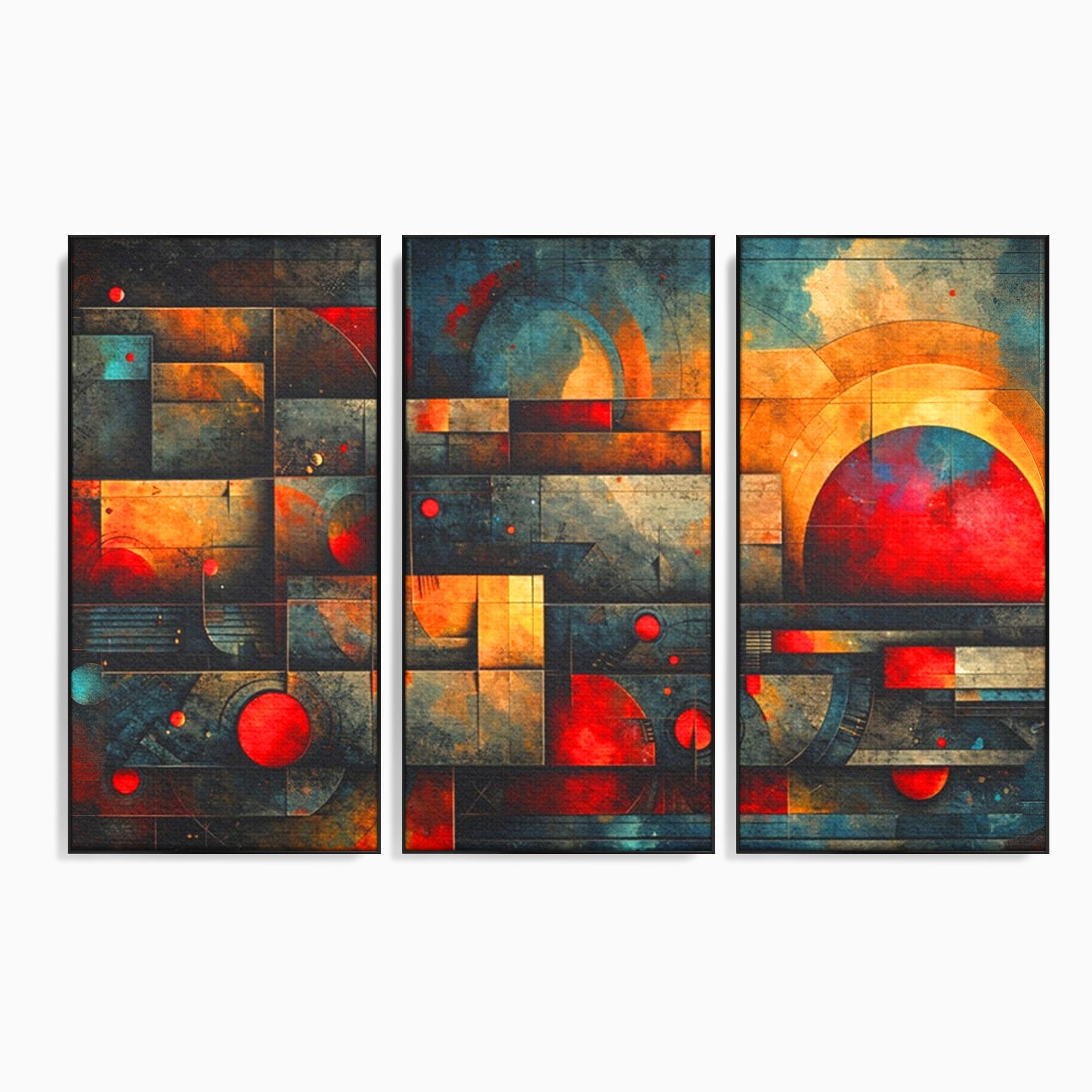 Set 3 Tablouri Canvas Premium LuxCanva® C3-1286, Cosmologii Urbane, Geometrie, Culori, Abstract, Cercuri, Arc, Rosu, Foc, Jar, Industrial, Ocru, Contrast, Echilibru, Modern, Birou, Living, Dormitor