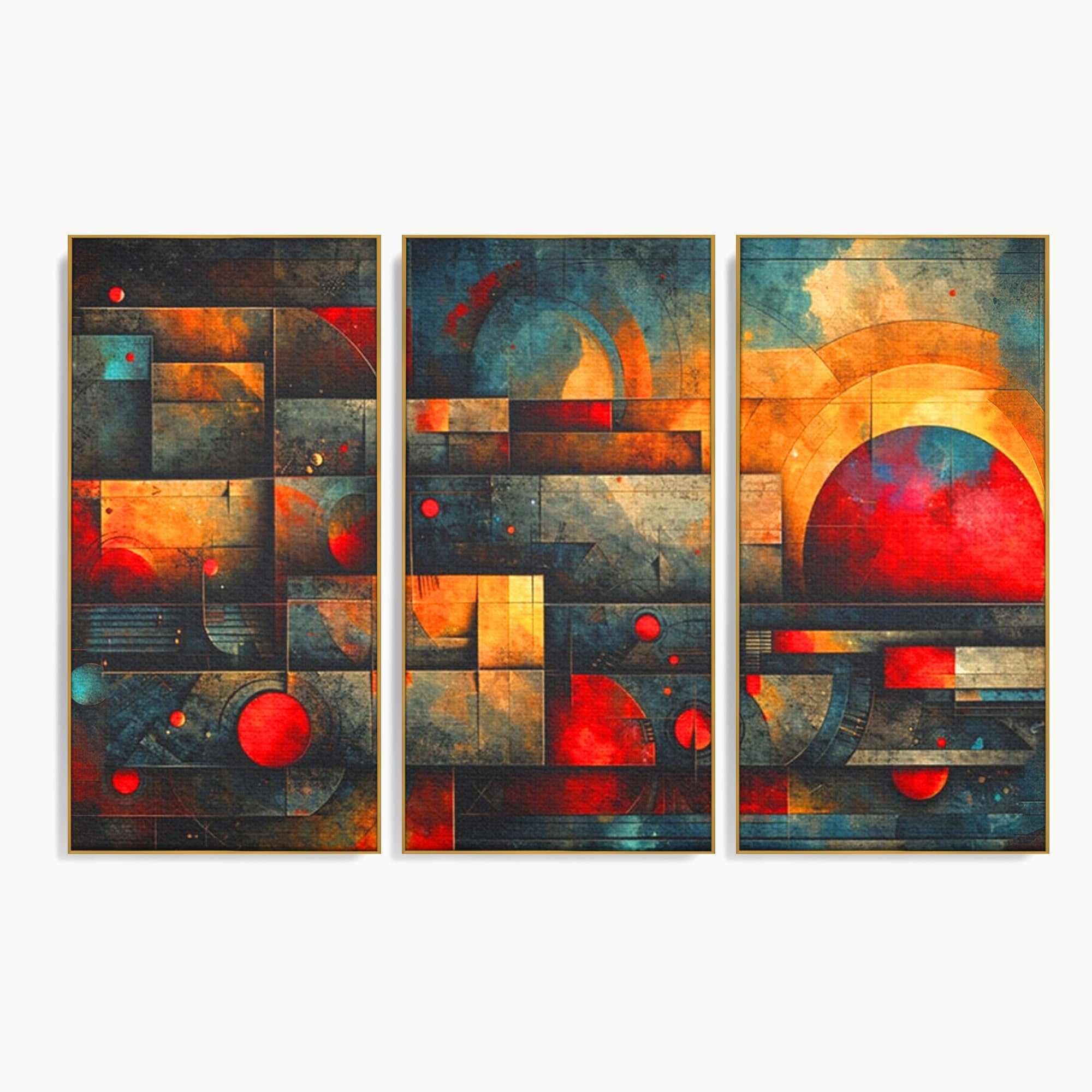 Set 3 Tablouri Canvas Premium LuxCanva® C3-1286, Cosmologii Urbane, Geometrie, Culori, Abstract, Cercuri, Arc, Rosu, Foc, Jar, Industrial, Ocru, Contrast, Echilibru, Modern, Birou, Living, Dormitor