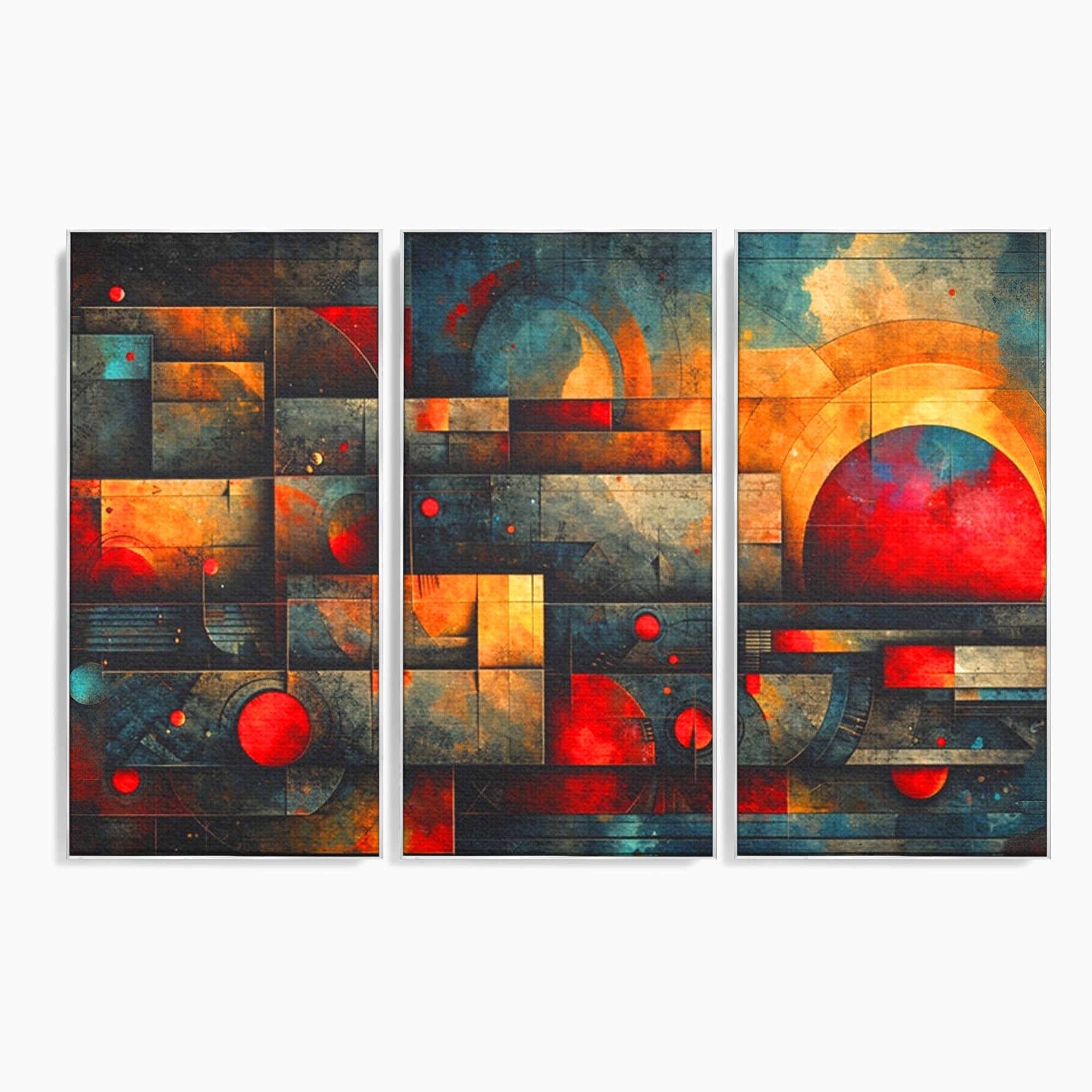 Set 3 Tablouri Canvas Premium LuxCanva® C3-1286, Cosmologii Urbane, Geometrie, Culori, Abstract, Cercuri, Arc, Rosu, Foc, Jar, Industrial, Ocru, Contrast, Echilibru, Modern, Birou, Living, Dormitor