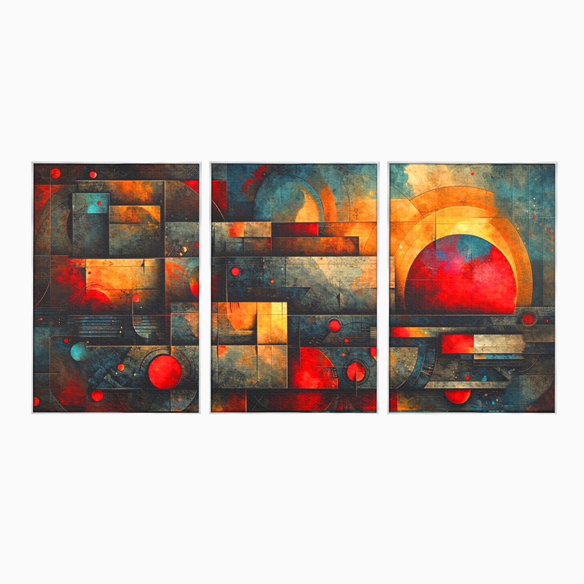 Set 3 Tablouri Canvas Premium LuxCanva® C3-1286, Cosmologii Urbane, Geometrie, Culori, Abstract, Cercuri, Arc, Rosu, Foc, Jar, Industrial, Ocru, Contrast, Echilibru, Modern, Birou, Living, Dormitor