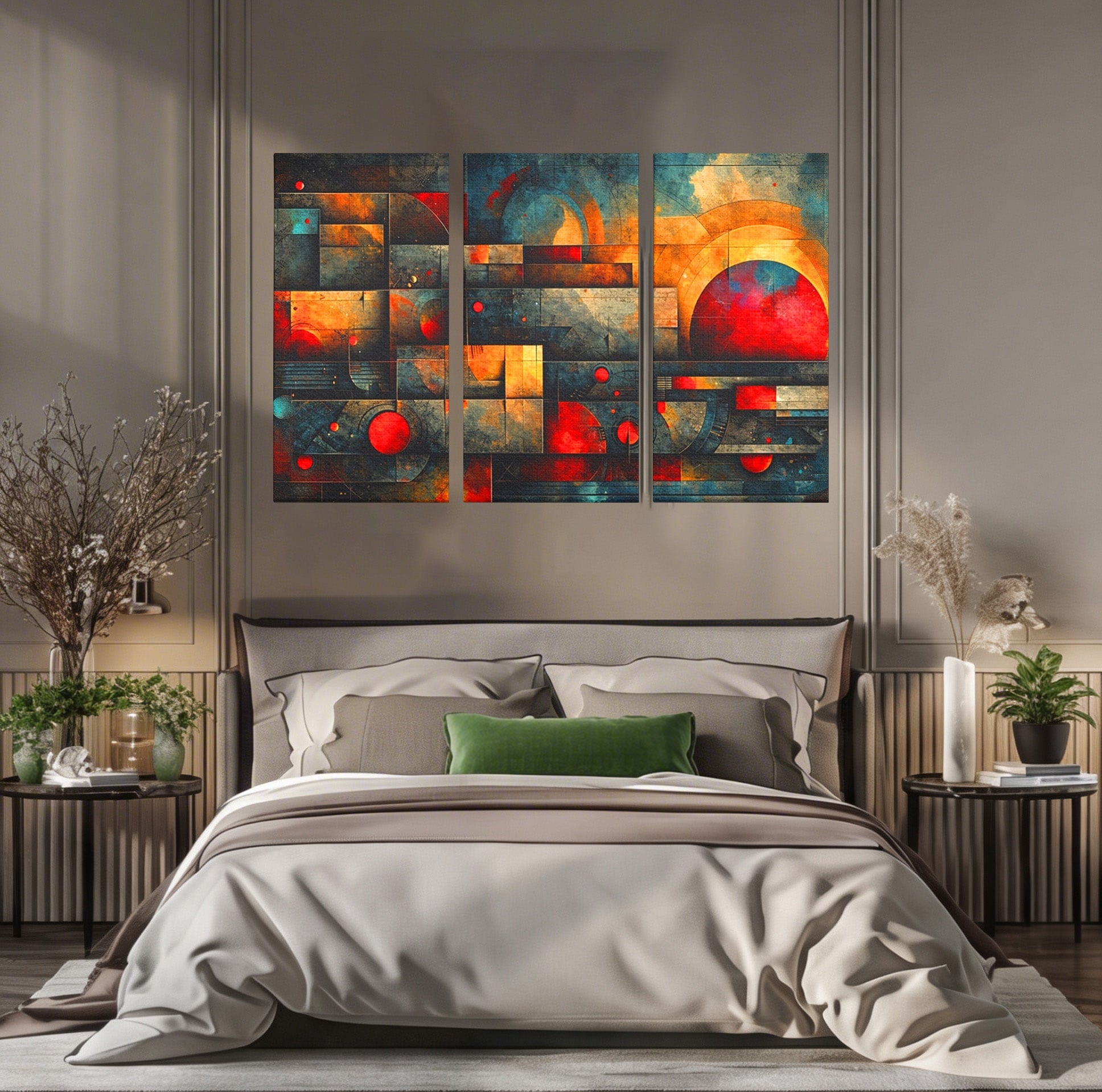 Set 3 Tablouri Canvas Premium LuxCanva® C3-1286, Cosmologii Urbane, Geometrie, Culori, Abstract, Cercuri, Arc, Rosu, Foc, Jar, Industrial, Ocru, Contrast, Echilibru, Modern, Birou, Living, Dormitor
