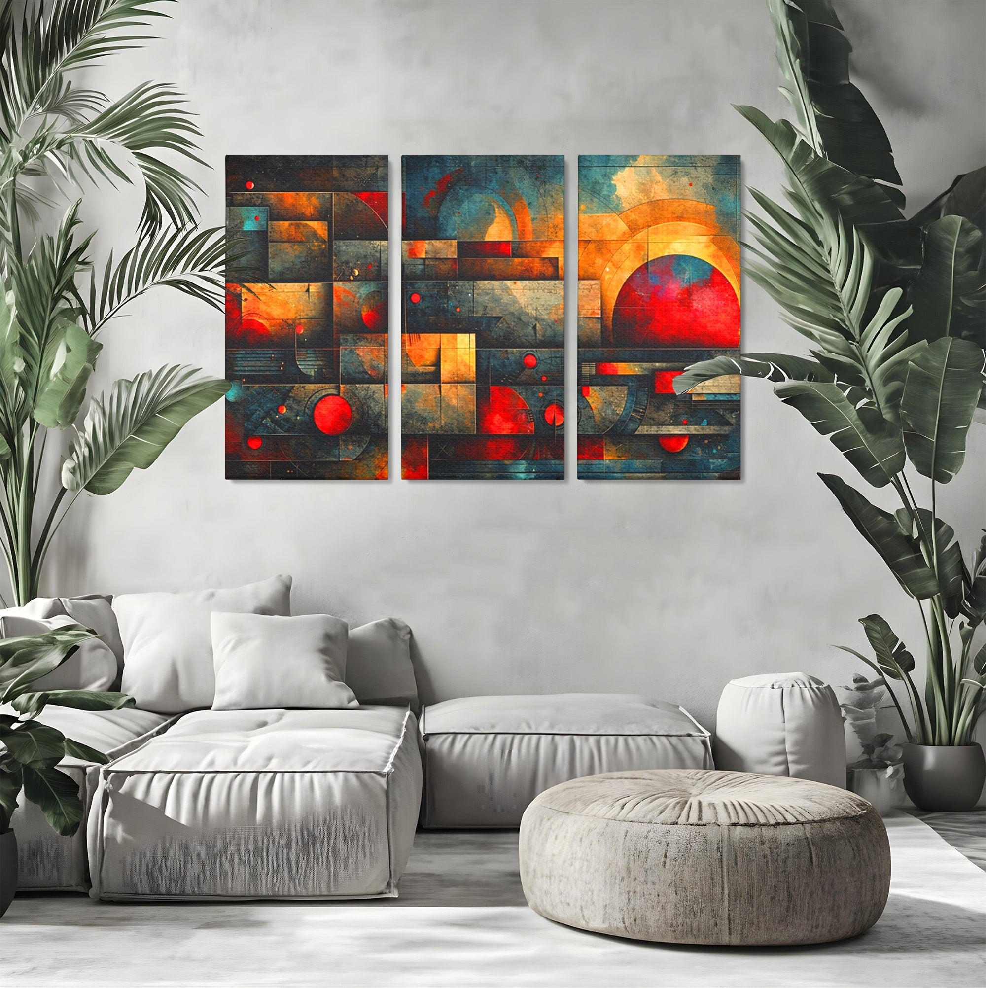 Set 3 Tablouri Canvas Premium LuxCanva® C3-1286, Cosmologii Urbane, Geometrie, Culori, Abstract, Cercuri, Arc, Rosu, Foc, Jar, Industrial, Ocru, Contrast, Echilibru, Modern, Birou, Living, Dormitor