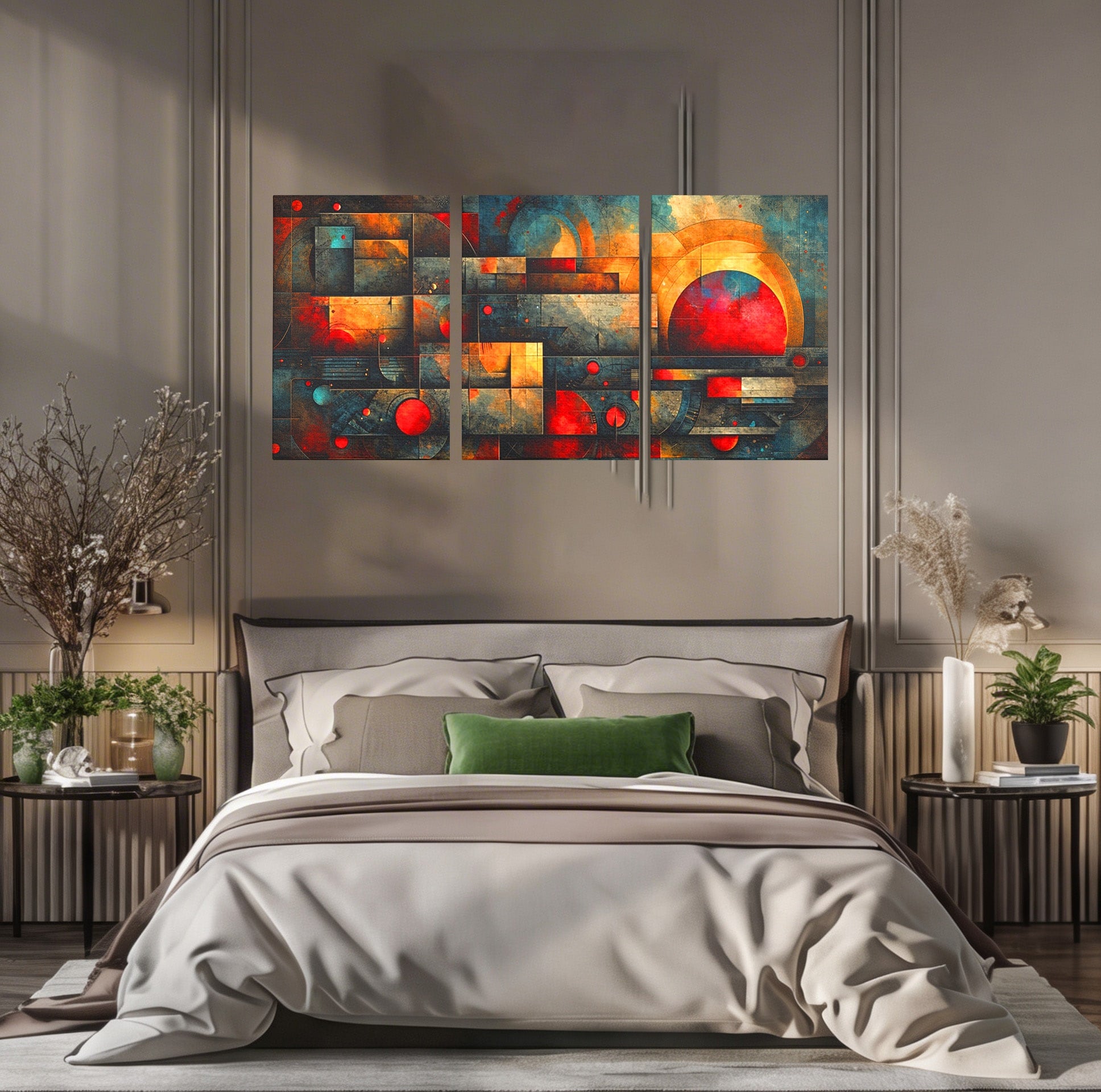 Set 3 Tablouri Canvas Premium LuxCanva® C3-1286, Cosmologii Urbane, Geometrie, Culori, Abstract, Cercuri, Arc, Rosu, Foc, Jar, Industrial, Ocru, Contrast, Echilibru, Modern, Birou, Living, Dormitor