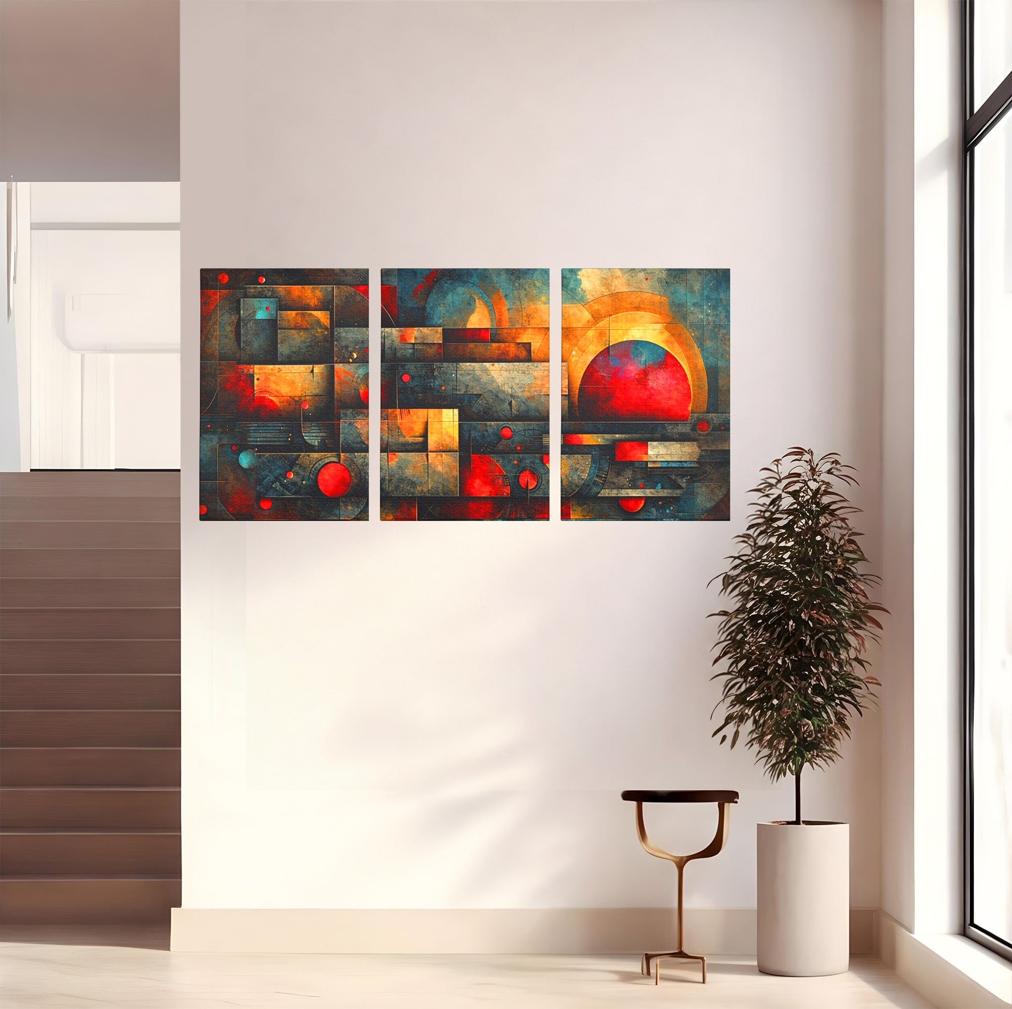 Set 3 Tablouri Canvas Premium LuxCanva® C3-1286, Cosmologii Urbane, Geometrie, Culori, Abstract, Cercuri, Arc, Rosu, Foc, Jar, Industrial, Ocru, Contrast, Echilibru, Modern, Birou, Living, Dormitor